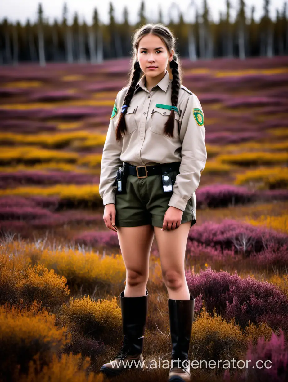Park ranger girl indigenous in shorts and long sleeves with pigtails in tundra, full height 