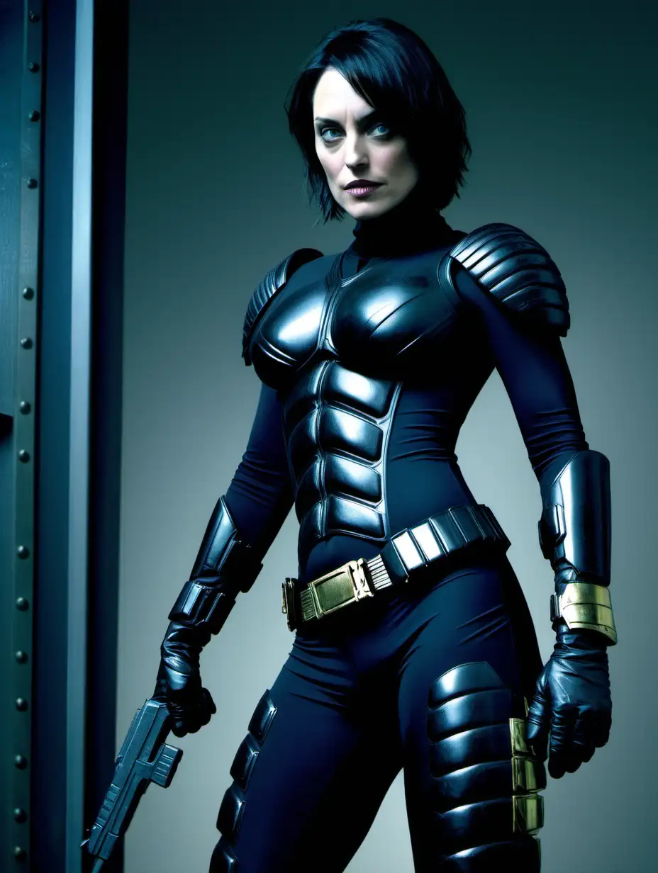 Antje Traue, Judge Dredd, comic book movie, Judge Hershey, tight suit, highly detailed, black hair, seductive, tights