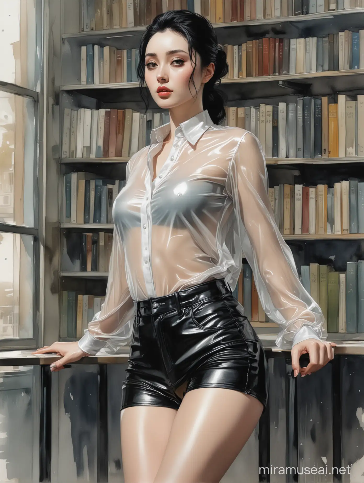 Alex Maleev's illustration depicting black-haired very pale alluring Fan Bingbing   wearing transparent plastic school blouse and shiny tight black leather pants leaning back against a library shelf, smooth shiny thigh, watercolor, no makeup, no distortion, gray palette, insanely high detail, very high quality, seen from the side
