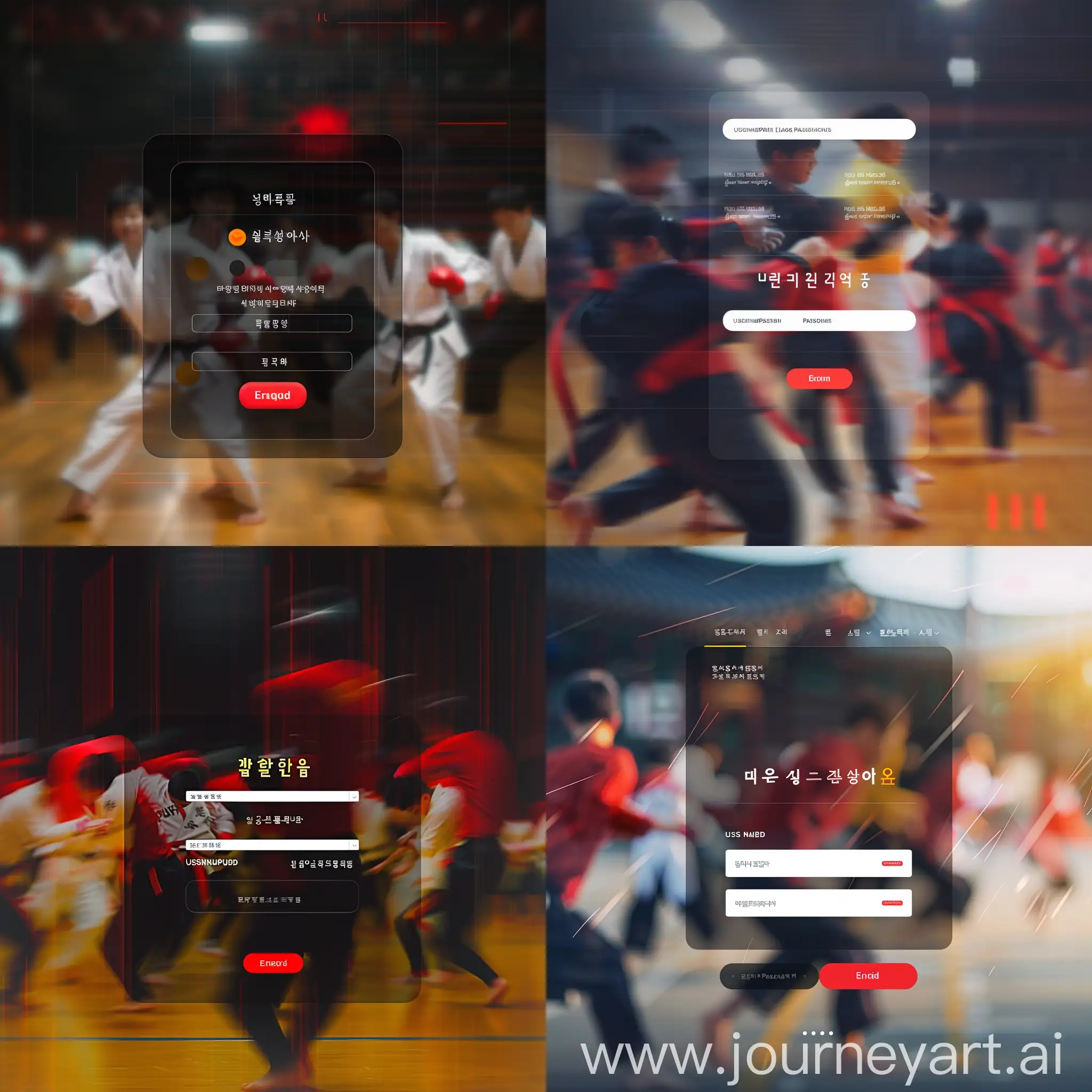 WEBSITE LOGIN PAGE DESIGN Picture a dynamic background featuring a blurred image of students practicing Korean martial arts forms. Overlayed on this background is a text logo with a dynamic font, perhaps in red or yellow, contrasting with the background's movement. A semi-transparent black panel with rounded edges appears in the center, housing the login form. White text labels for "Username" and "Password" are placed above slightly transparent text fields that have a subtle glow effect. A red button with rounded edges and white text reading "Enter" sits below the form. This design evokes a sense of energy and action. resolution full hd