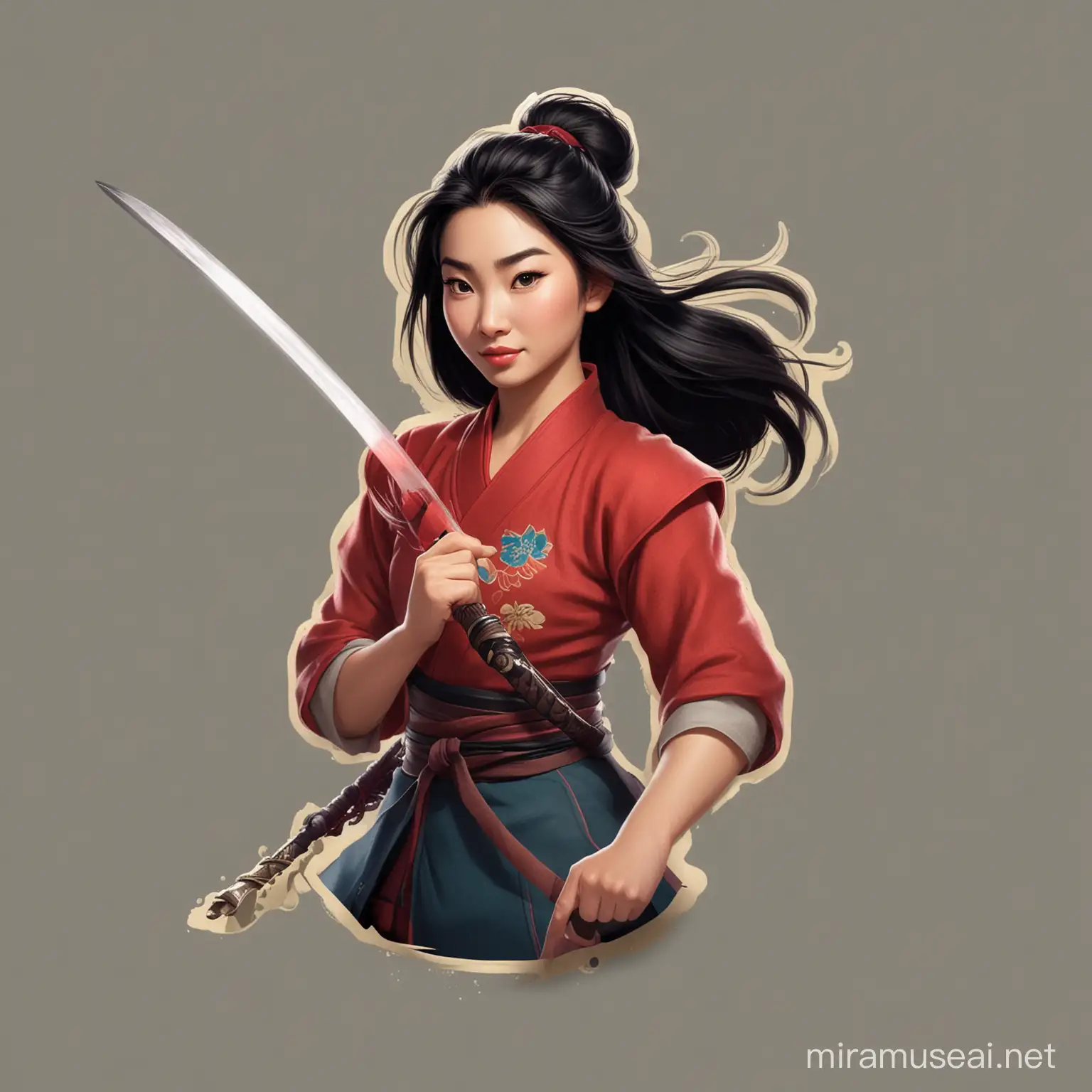 generate a sticker type image of Mulan with a sword