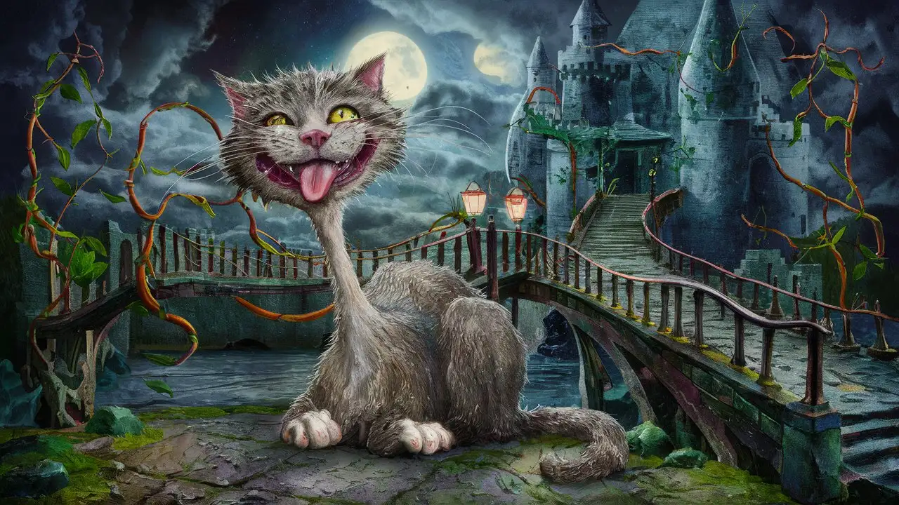 Giant wet skinny, ragged, dirty goofy cat with long neck, sticking tongue out, looking ahead with crazy eyes, laughing, whimsical style. Behind him is a multilayered fantasy diorama, bridge over castle moat, deadly vines wrapping around the bridge railings, moonlit sky, mystical atmosphere, extremely stylized, intricate details, surreal and whimsical