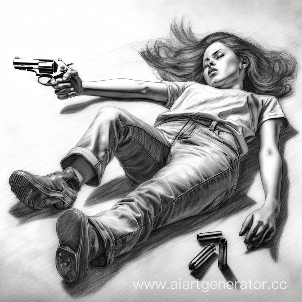Девушка лежит на спине и стреляет из пистолета.  Рисунок карандашом