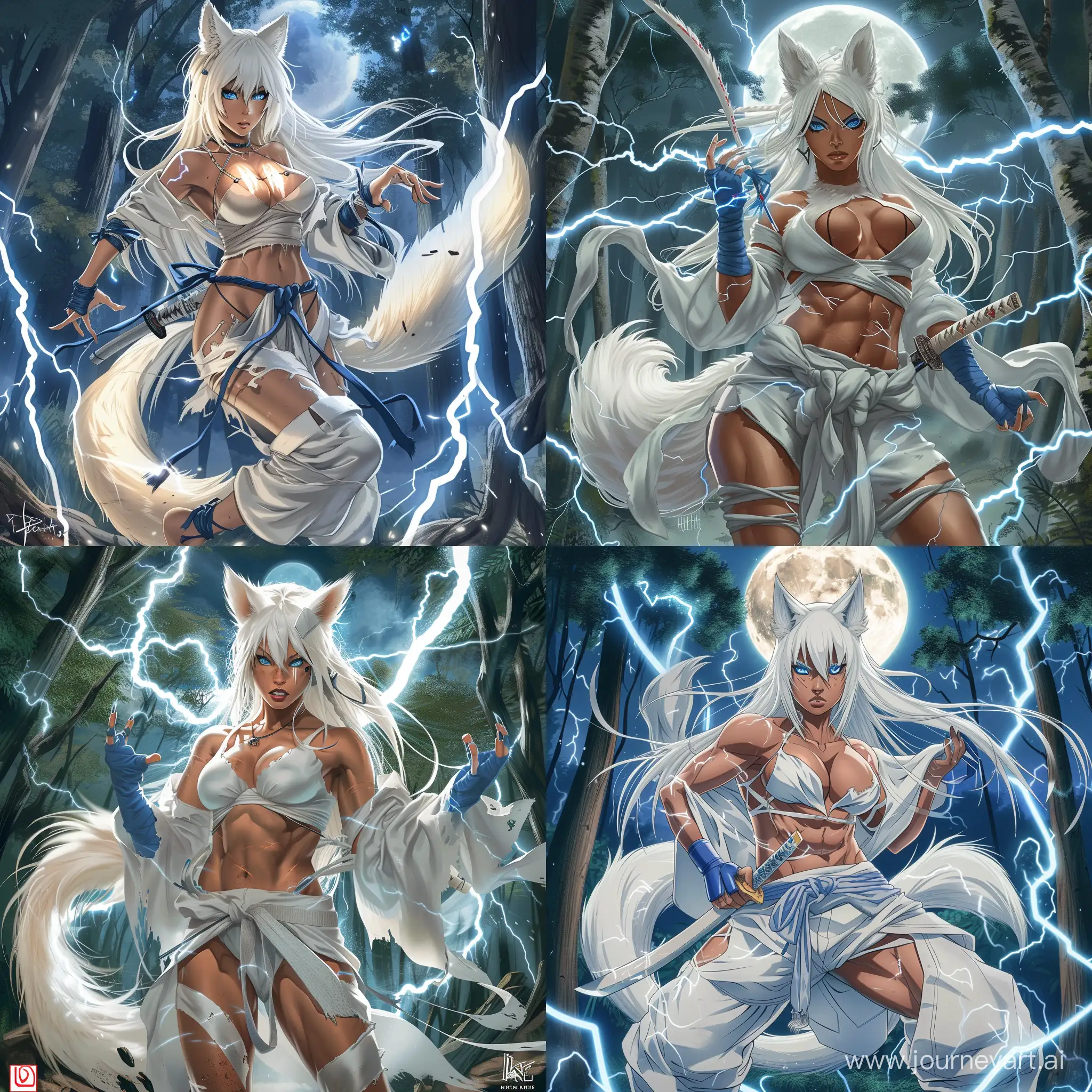 anime-style, full body, athletic, muscular, tan skin, adult, asian woman, long white hair, white fox ears, white fox tail attached to her waist, fierce blue eyes, wearing a white chestwrap, baggy white martial arts pants, white chest binder, holding a katana, dynamic, blue handwraps, blue footwraps, using lightning magic, surrounded by lightning, forest, night, full moon