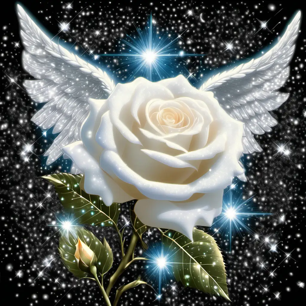 white rose with angel wings, glitter, glowing, sparklecore, white, black, thomas kinkade, colorspalsh, background