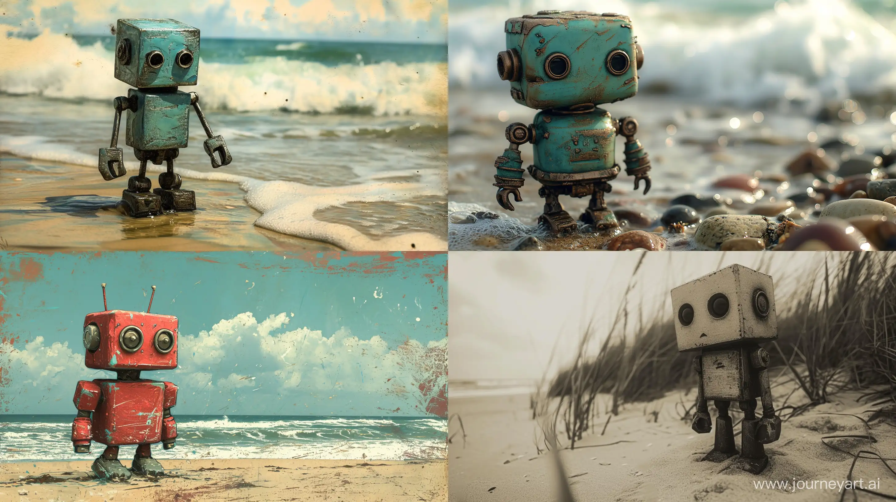 tiny cute robot,beach,mezzotint --ar 16:9 --v 6.0 --style raw --s 250