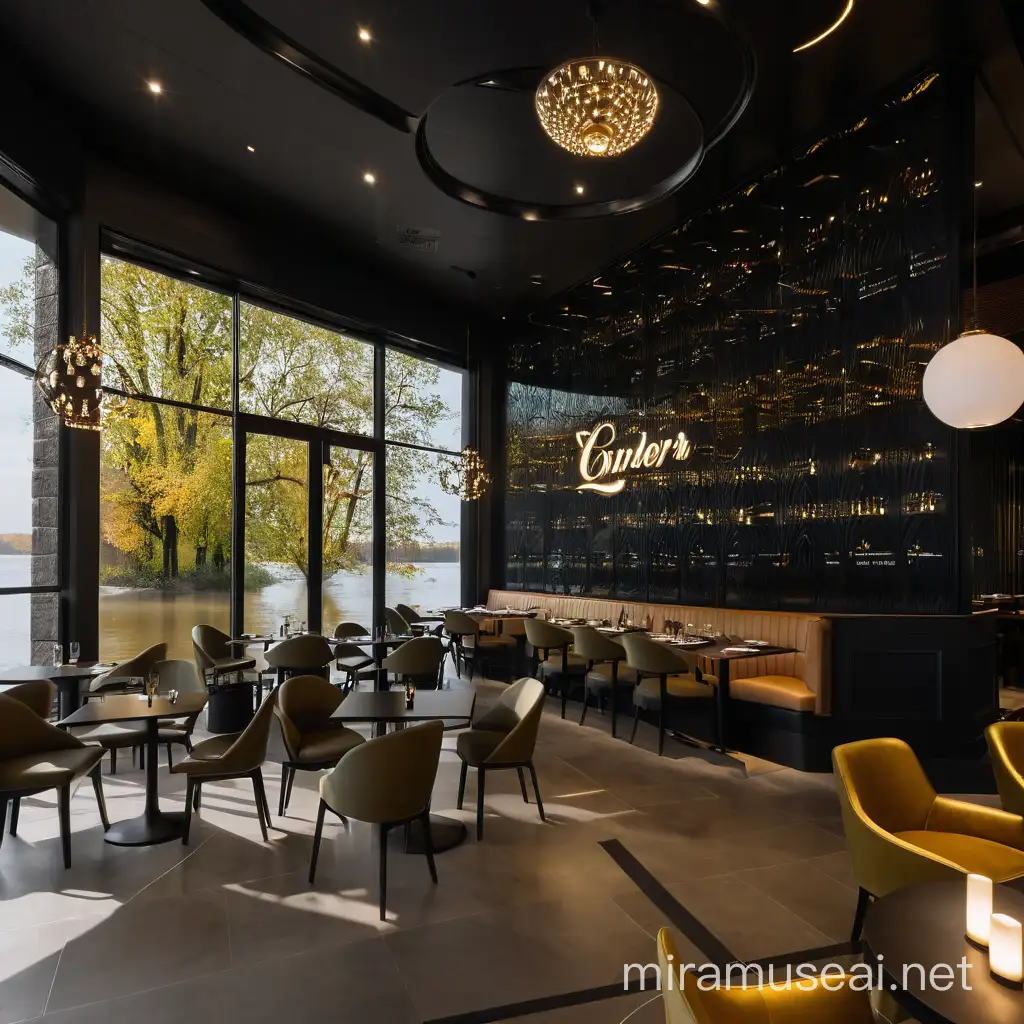 Restaurant with (RIVER) name and cinematic 400mm photo of a luxurious, contemporary, modern, large glass, matte black aluminum, wall paneling, artificial lighting,  sunrise, low light, artificial lighting, cinematic photography. 