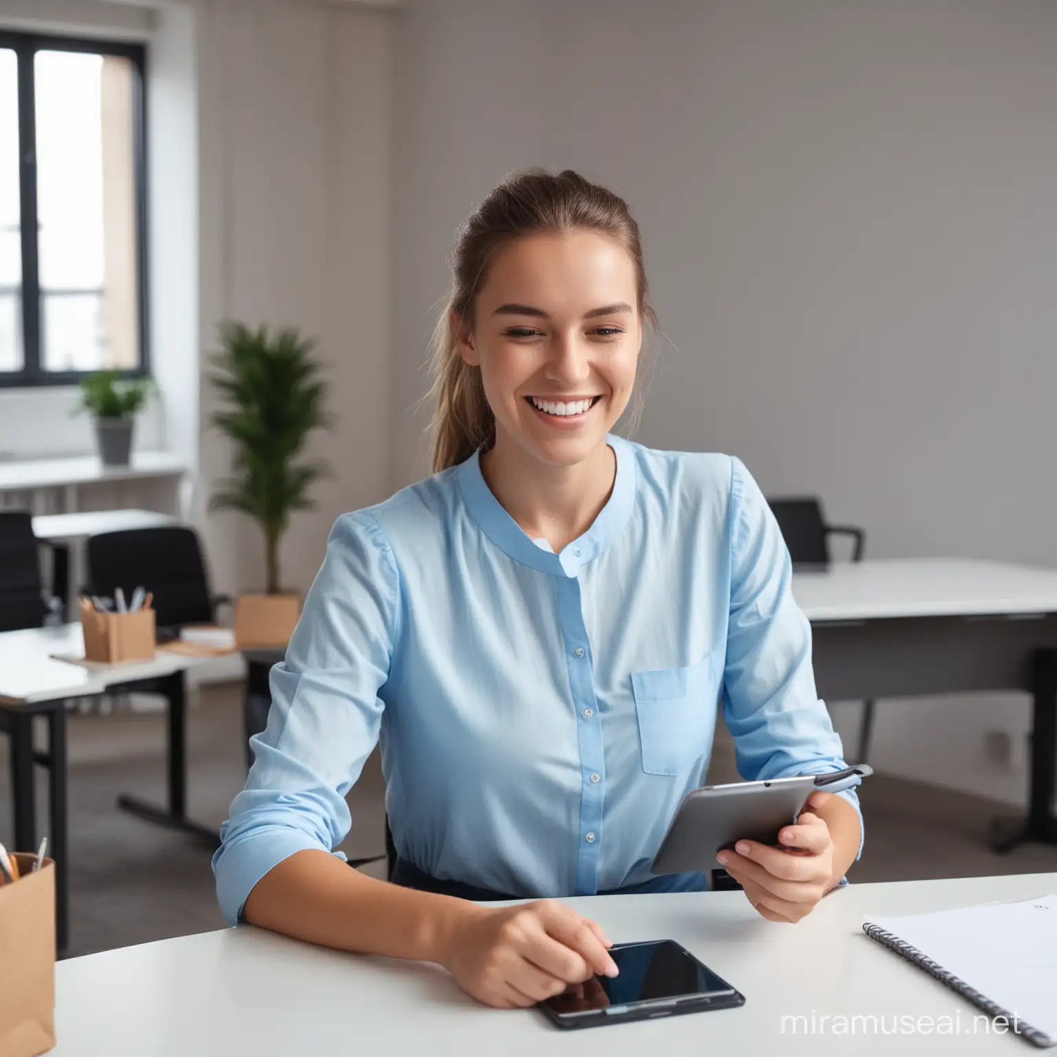 Happy young woman wear  blue  froak uses her tab at the end of working at office
