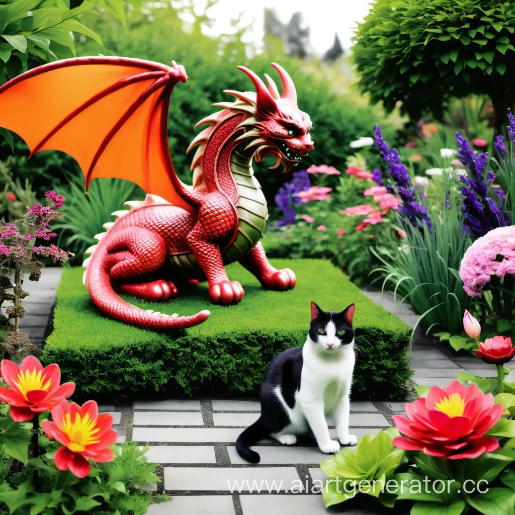 Playful-Cat-Amidst-Enchanting-Garden-Alongside-a-Dragon