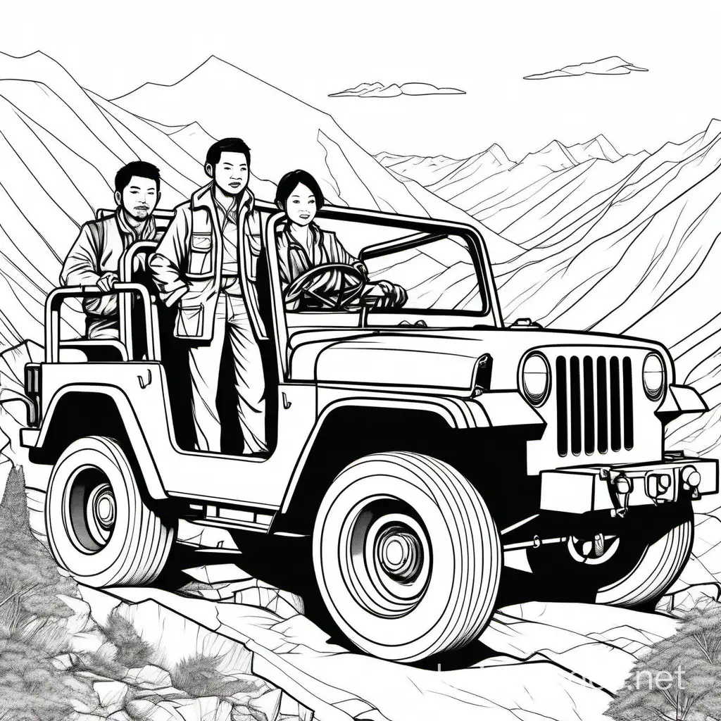 multiple adult chinese archeologists in modern clothes in a jeep in the mountains, Coloring Page, black and white, line art, white background, Simplicity, Ample White Space. The background of the coloring page is plain white to make it easy for young children to color within the lines. The outlines of all the subjects are easy to distinguish, making it simple for kids to color without too much difficulty