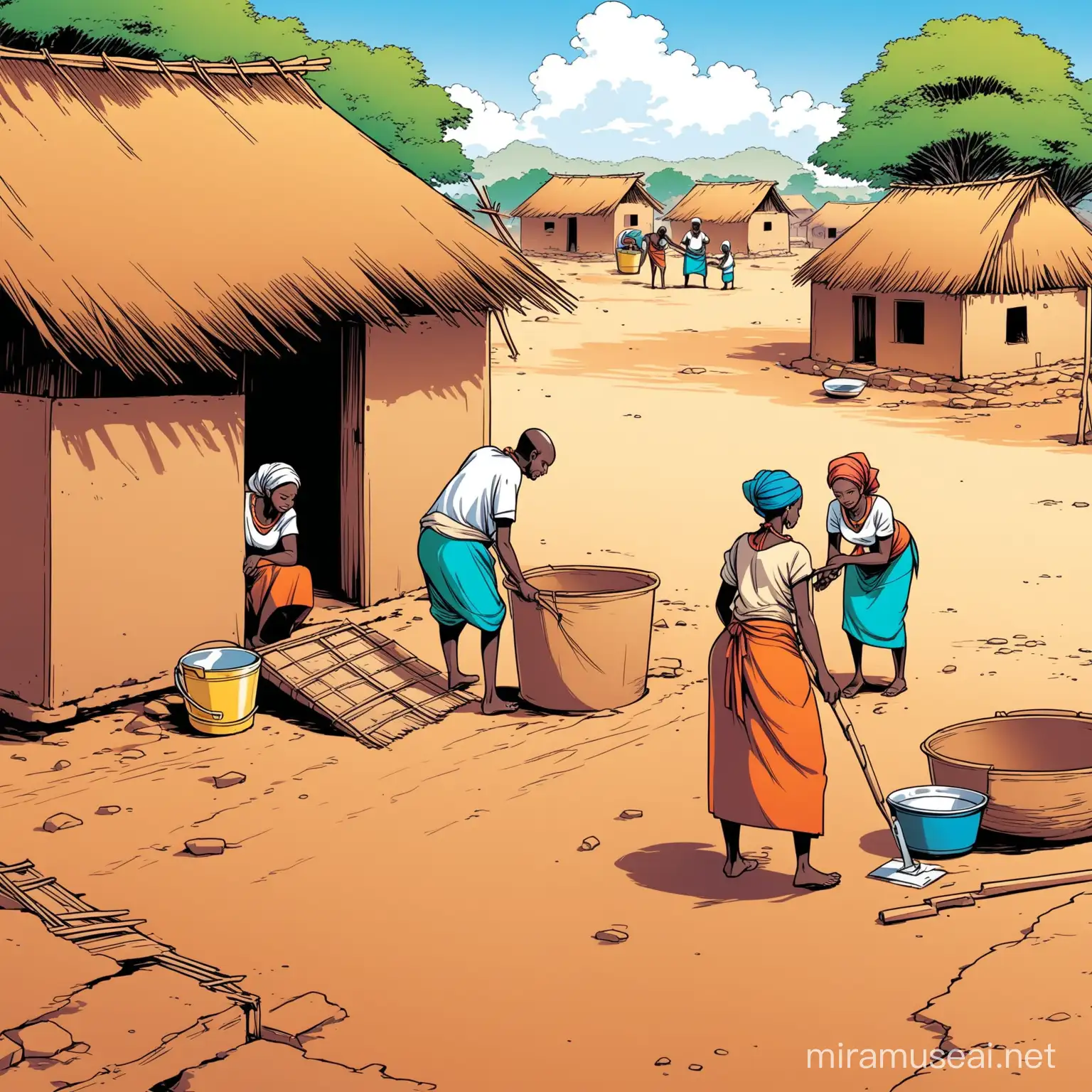 womwn and man fixing they house in a village africa cartoon 