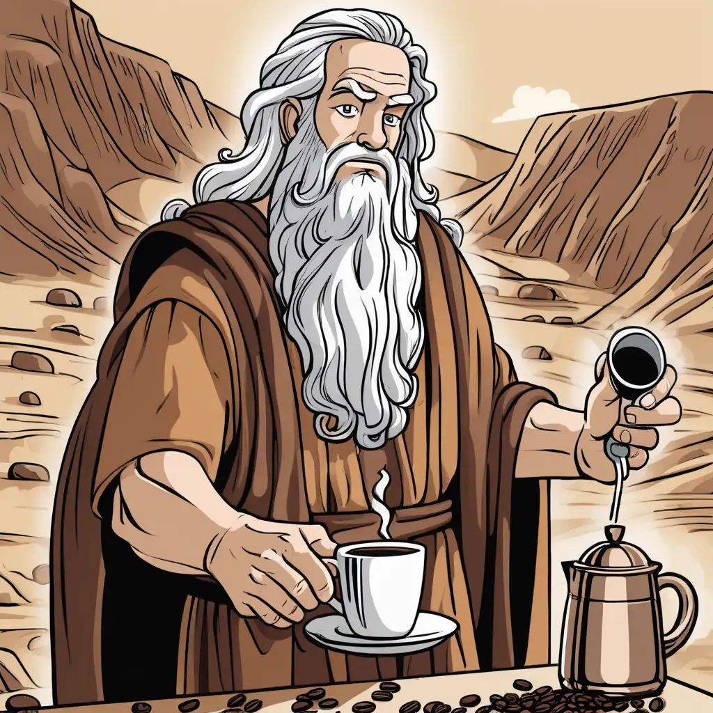 Moses Brewing Coffee Witty Pun Depicting Biblical Figure in CoffeeMaking Act