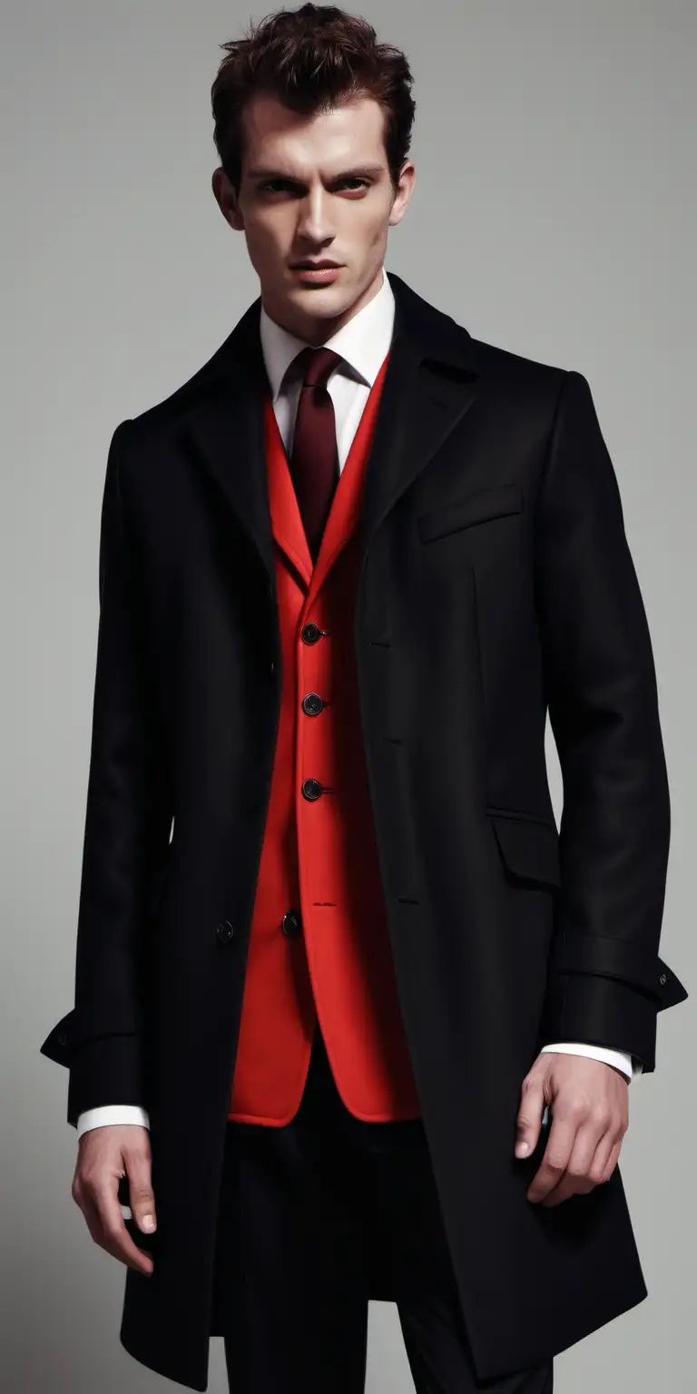 british inspiration, black and red detail coat ,suit, shirt and pant, man model, full look, light color