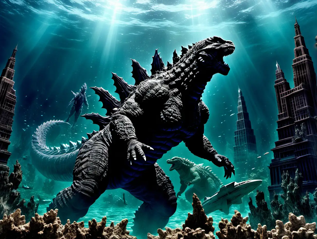 Godzilla swimming underwater in Atlantis