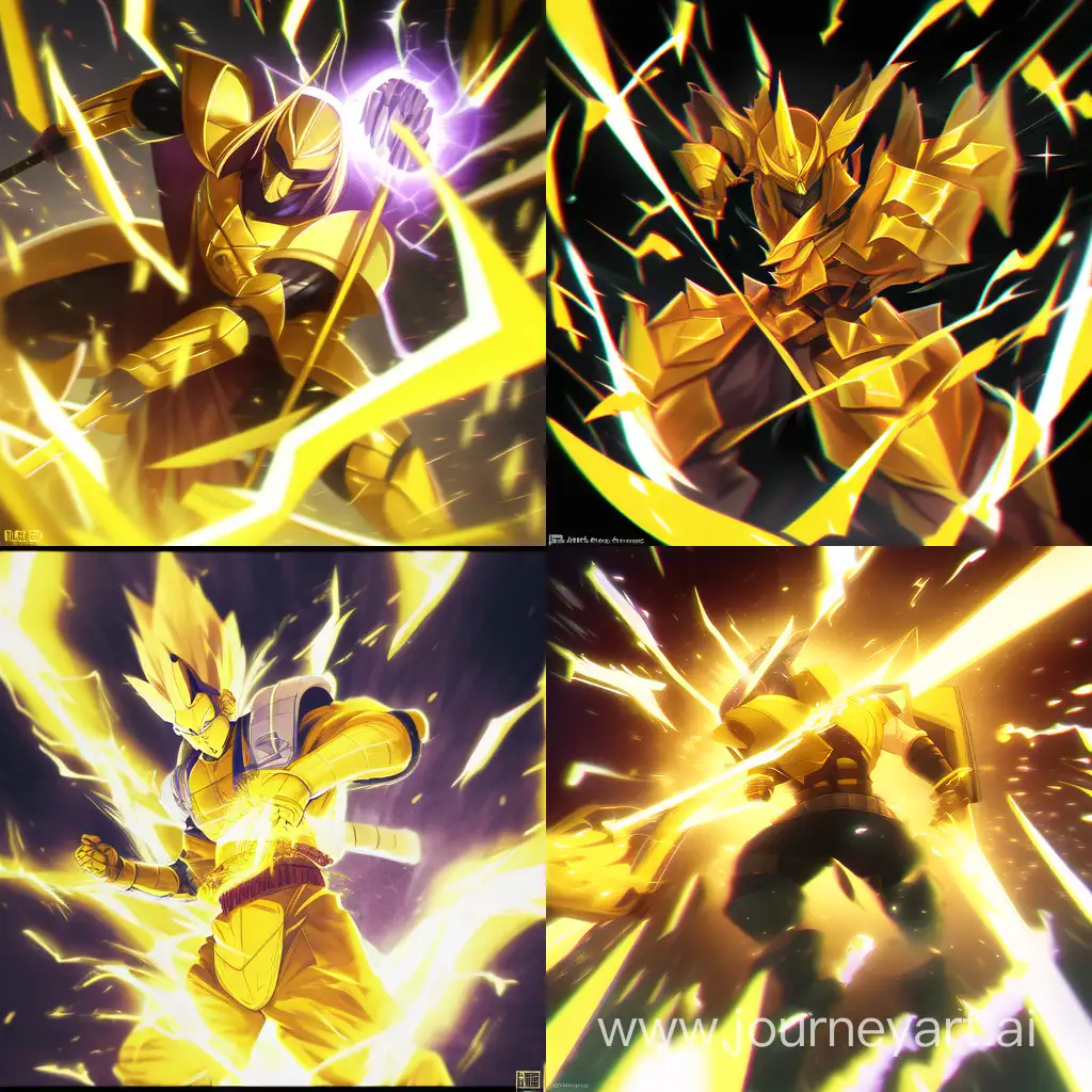 Аниме мужик окутанный желтой энергией с топорами из желтой полупрозрачной магии позади, очень эффектно, Эпик