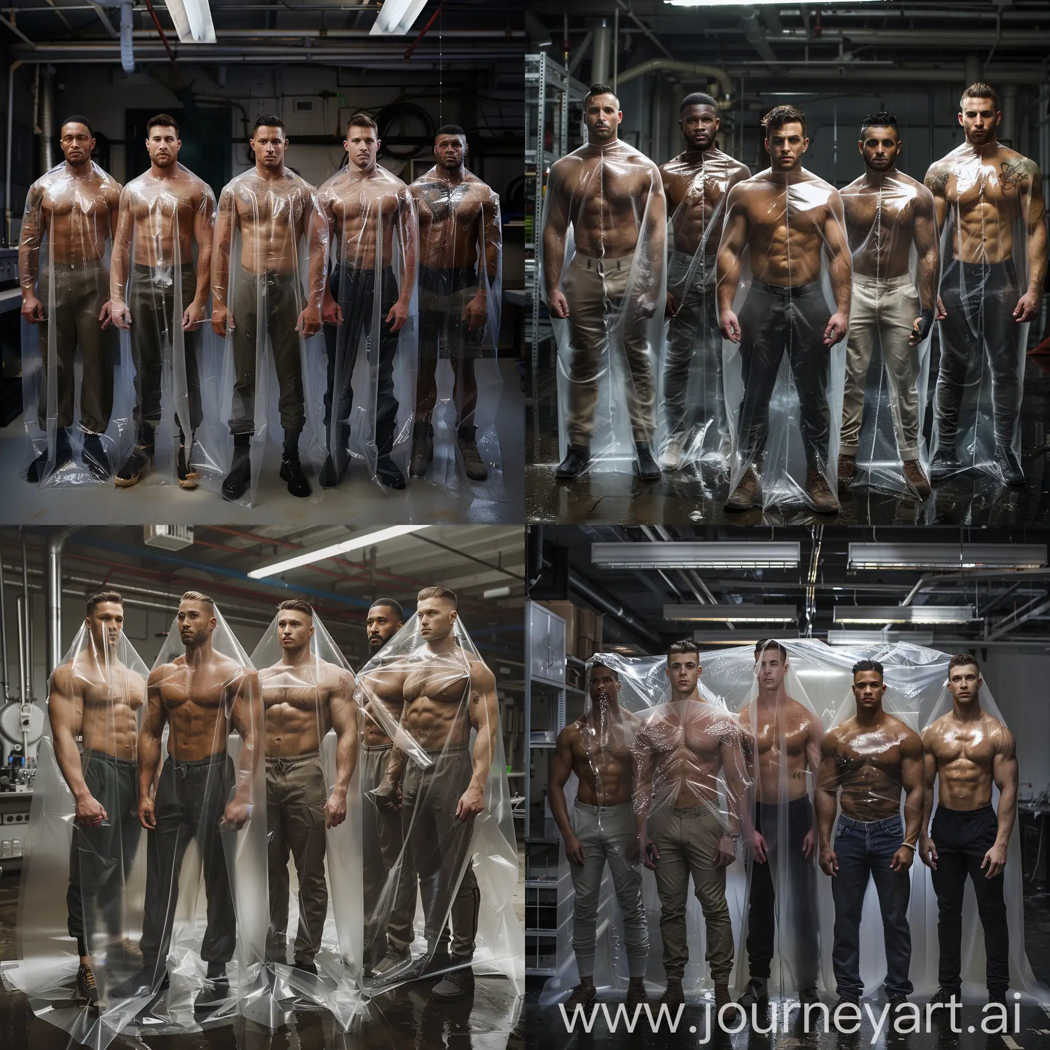Five good looking fit men standing in lines, handsome fit men standing with plastic film covering them, plastic transparent on top of each one, transparent plastic covering them, men wearing different types of pants, each man with a different body type, some more taller and Others more fit and muscular, different ethnicities skin colors, basement laboratory background, cinematic lighting