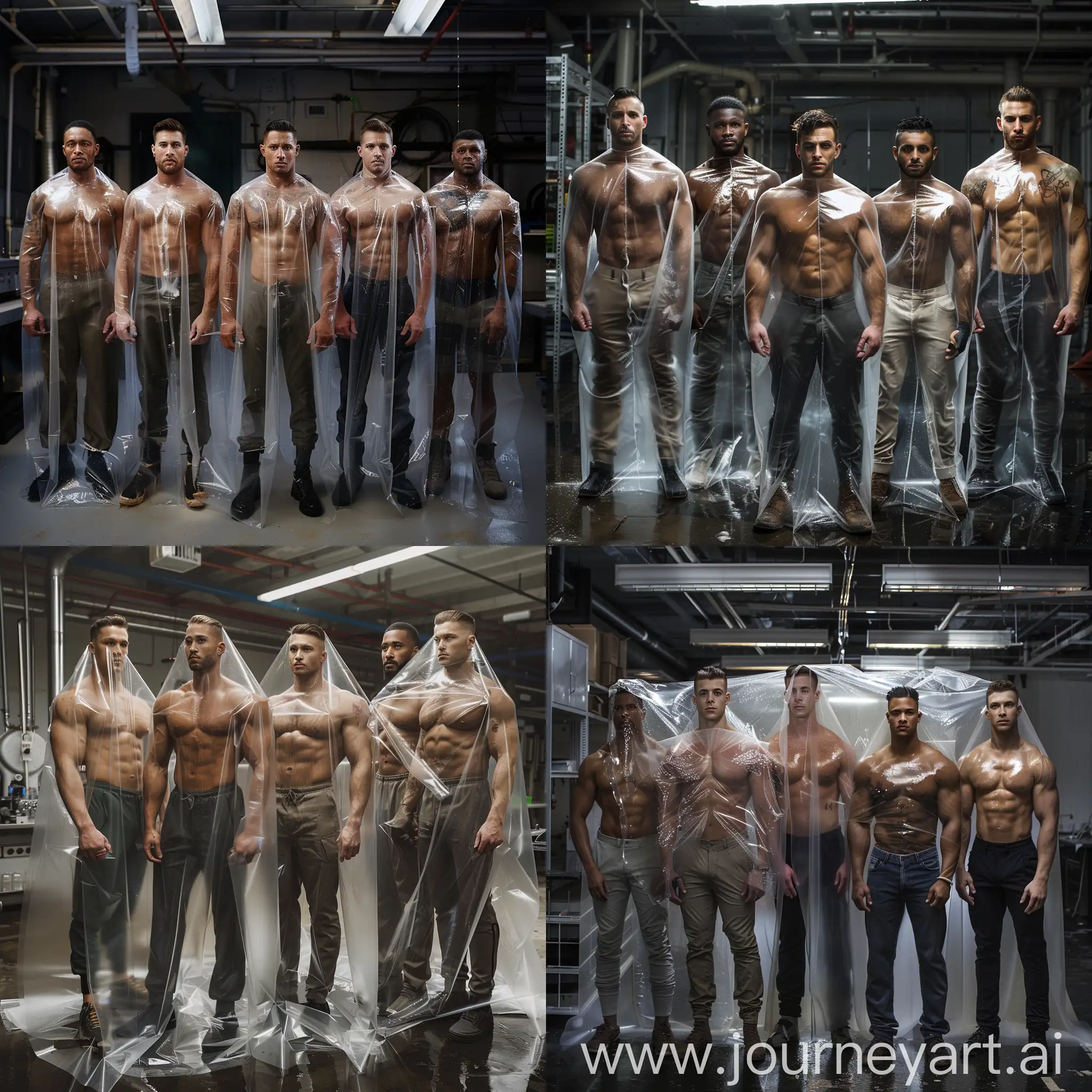 Diverse-Fit-Men-in-Basement-Laboratory-Experiment-with-Transparent-Plastic-Film