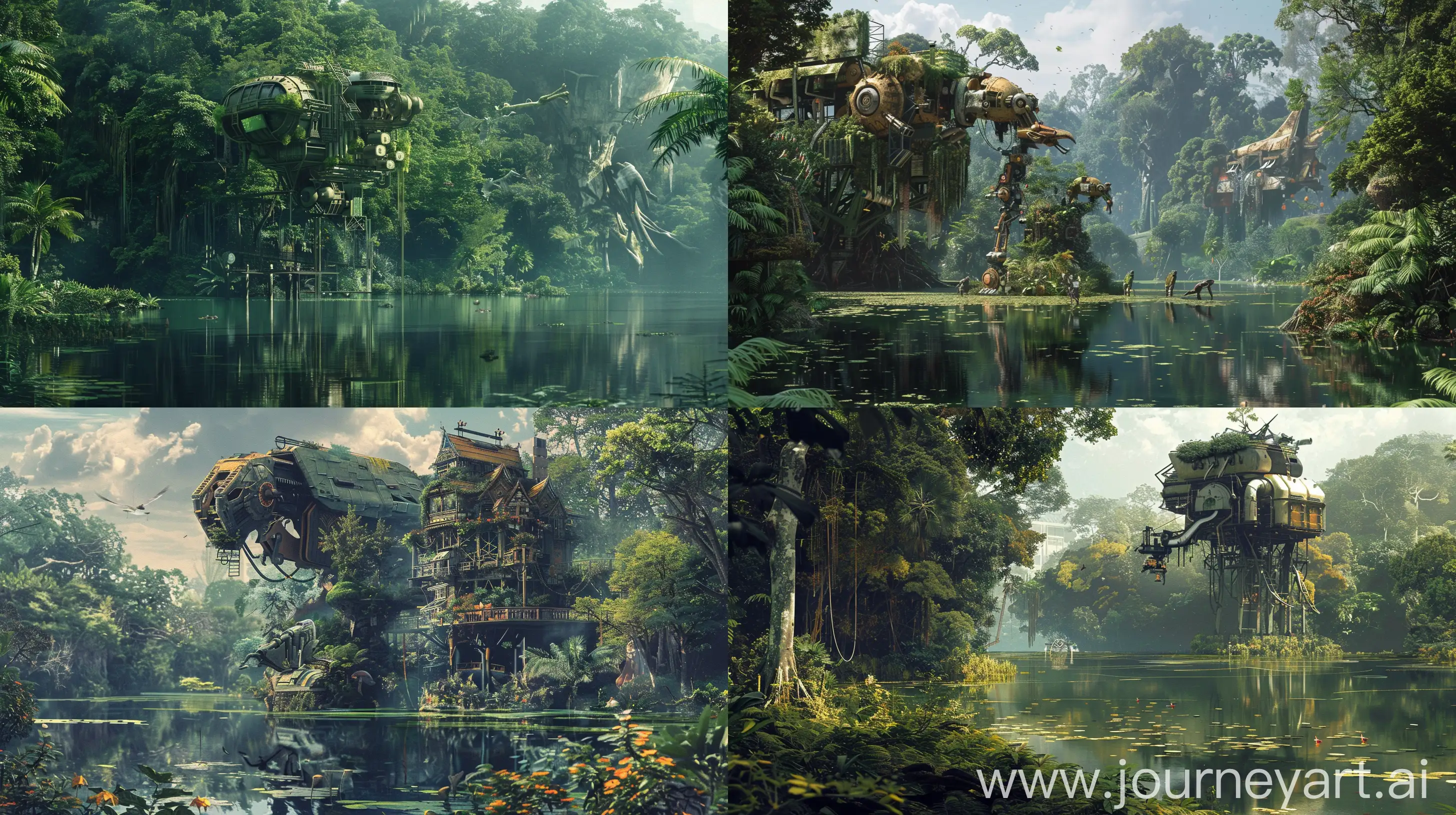 <https://cdn.promptalot.com/prompts/images/quadrants/1710015173_p3ViMfHEmv_u1.jpg> Excellence artwork of a (thai panel house on nature) fusion of the natural and the surreal in a world of balance between wildlife and technology. Mysterious machines and enigmatic creatures lurk amidst dense foliage and serene lakes. --v 6.0 --ar 16:9