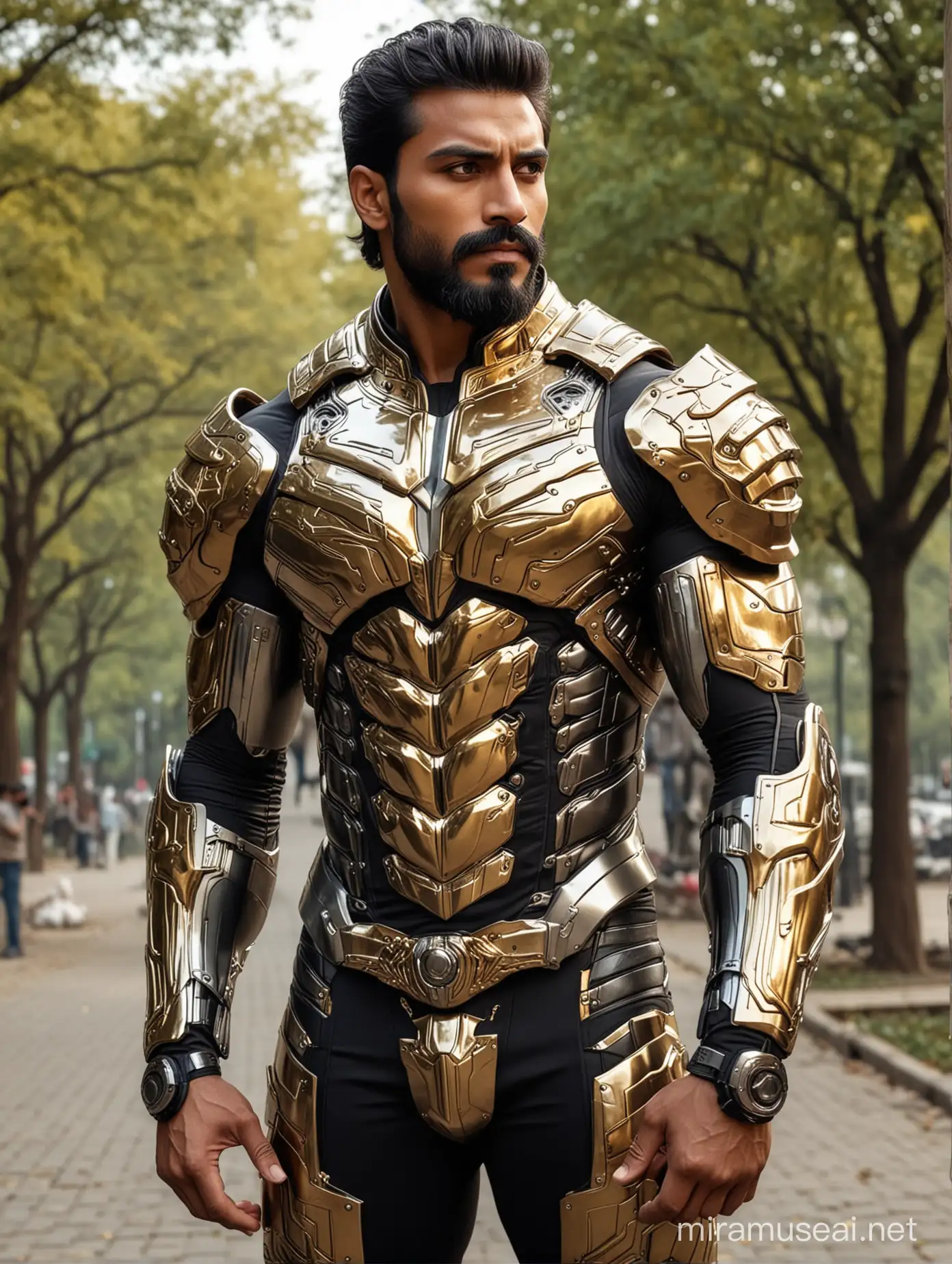 Tall and handsome bodybuilder Pakistani men with beautiful hairstyle and beard with attractive eyes and Broad shoulder and chest in sci-fi High Tech golden, sliver and black armour suit with firearms standing on park