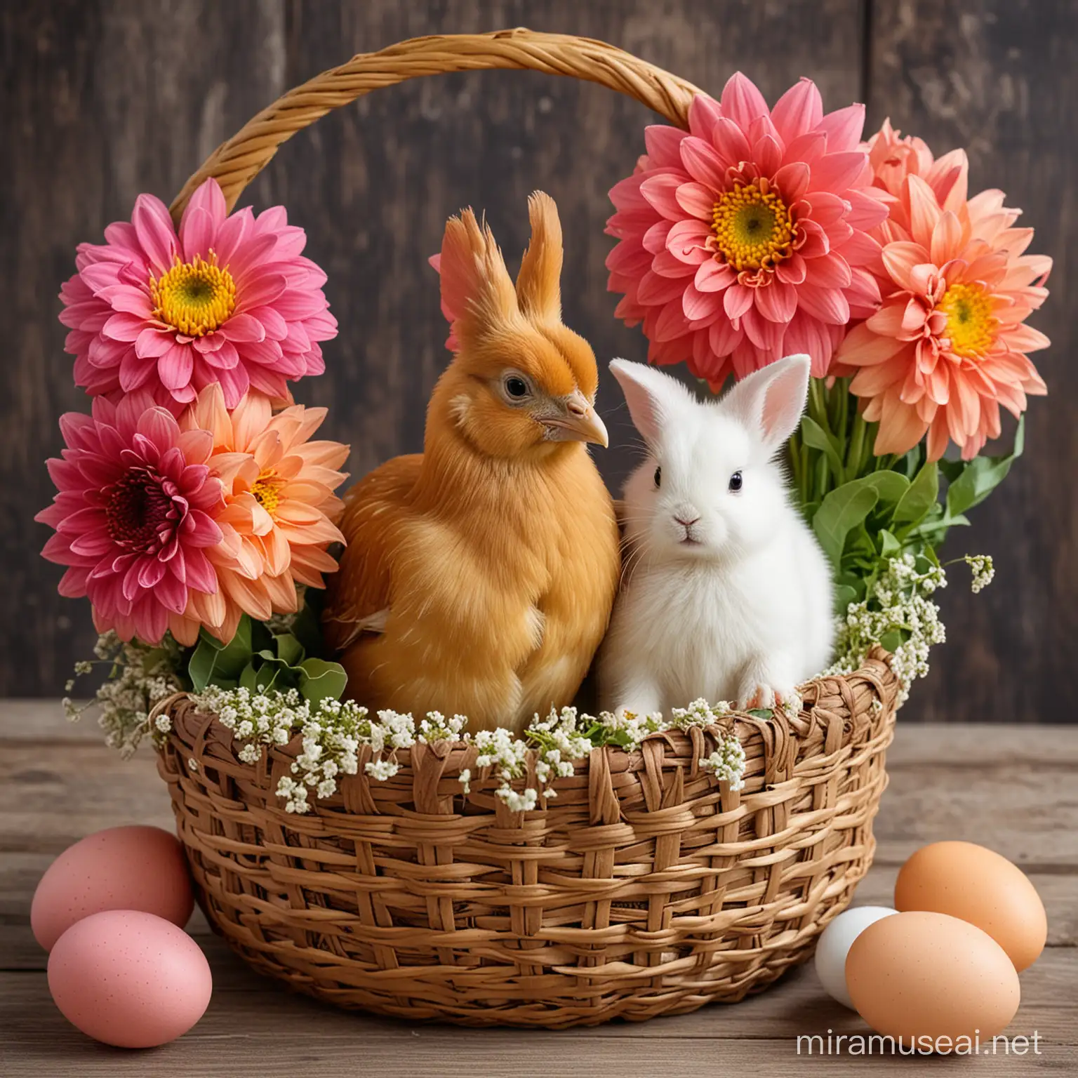 A chicken and a bunny in a basket, colorful eggs, dahlia flowers