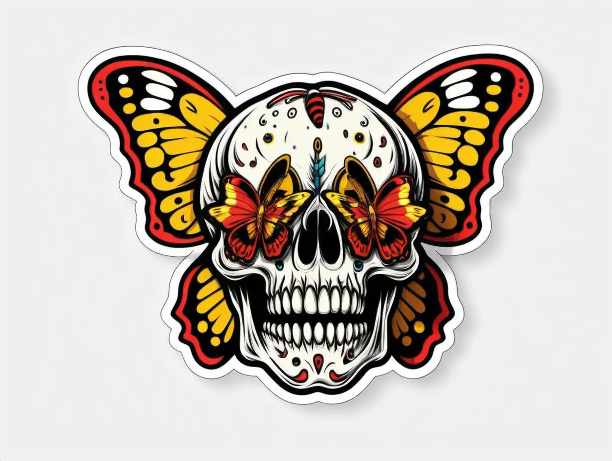 Horror Skull Butterfly Sticker Joyful Primary Color Digital Art on White Background
