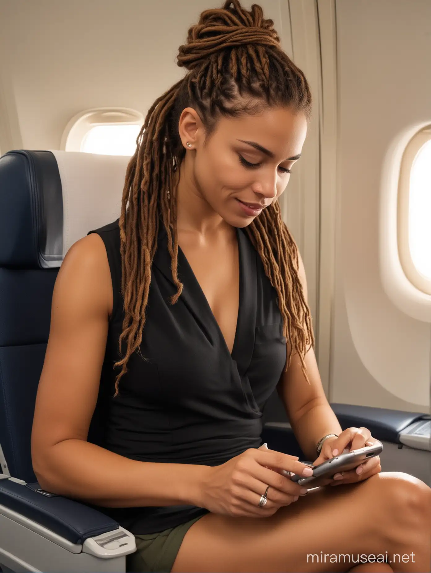 Elegant Caribbean Woman in First Class Luxury Texting on iPhone 15