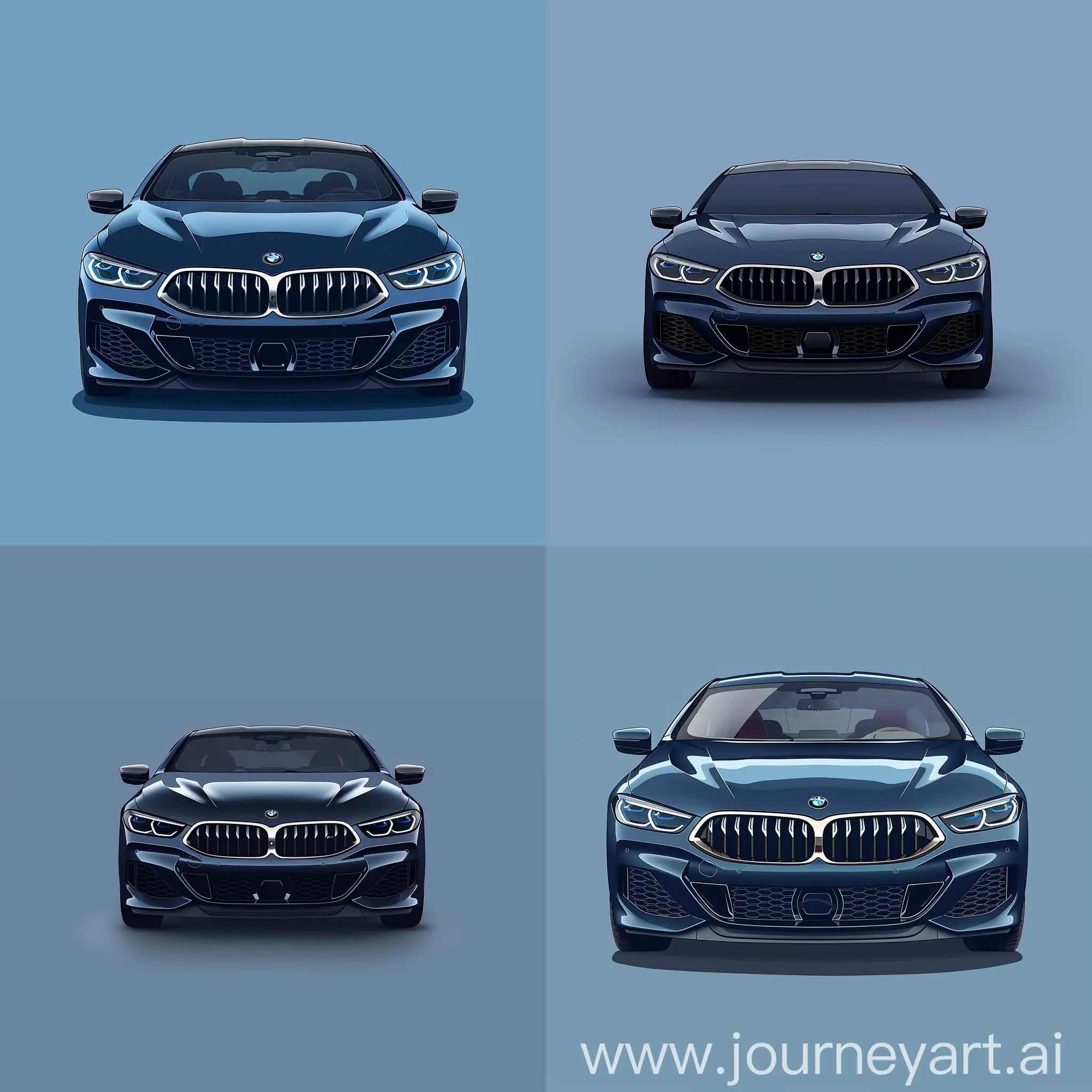 Minimalism 2D Car Front View Illustration of: Navy Blue BMW 8 Series Gran Coupe, Simple Blue Background, Adobe Illustrator Software, High Precision