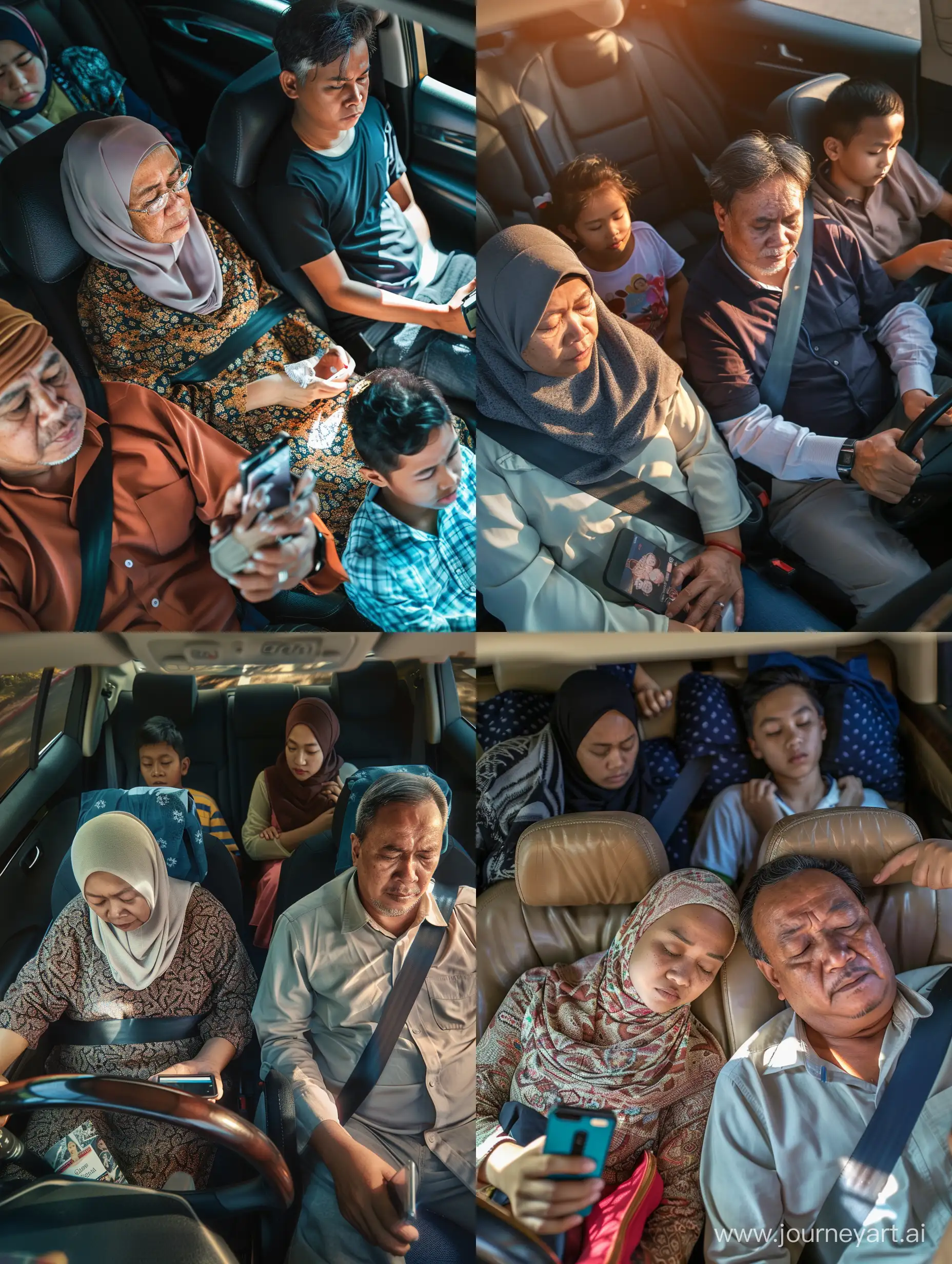 Ultra realistic, close up. atmosphere in the car. view from above. Malay family. father is driving My mother sat next to me while looking at her mobile phone. his two teenage children sitting in the back looking at each other's mobile phones. mother wears a hijab. Dad drove with a sleepy face. they are on their way to go on vacation. there is sunlight. canon eos-id x mark iii dslr --v 6.0