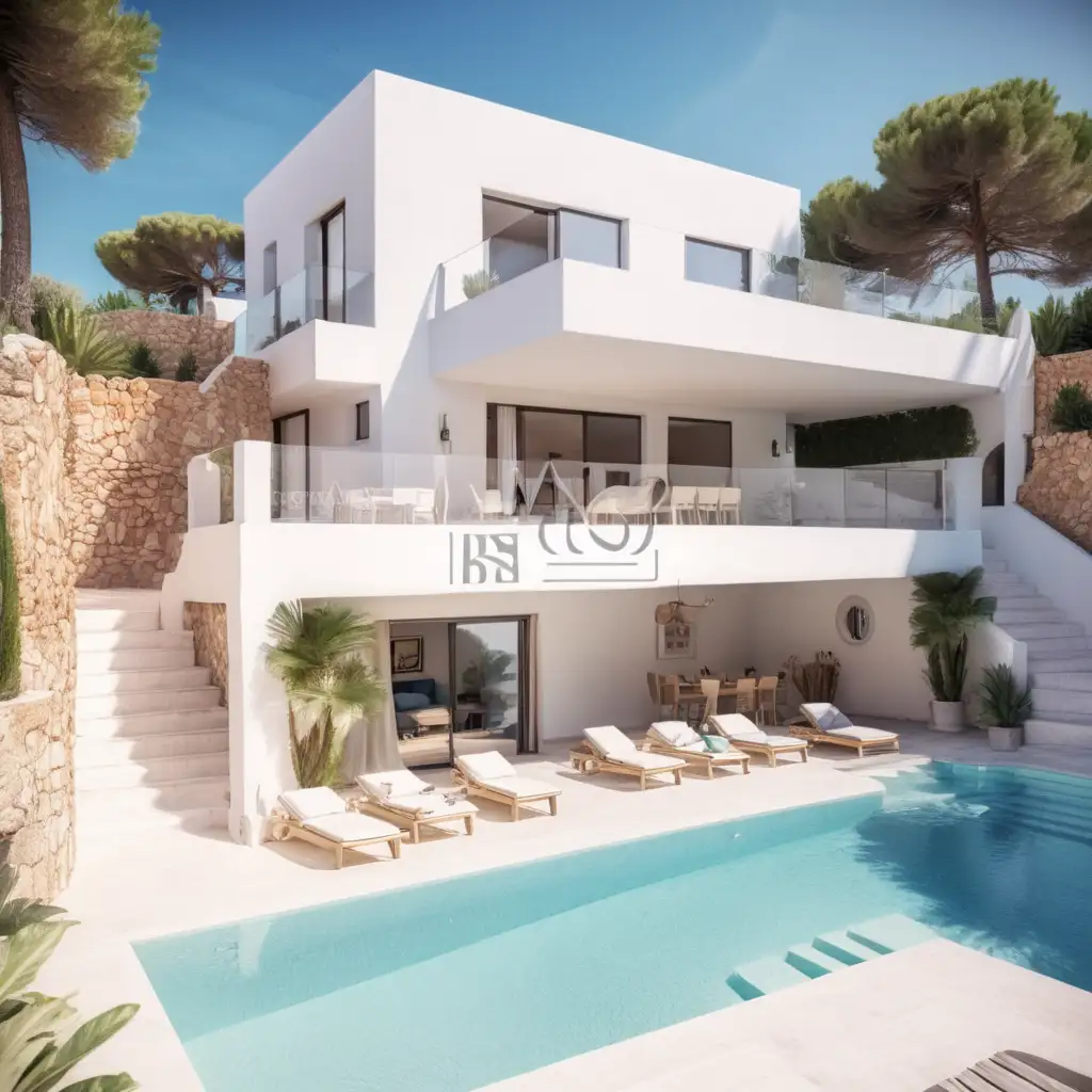 Erstelle zwei Grundrisse für eine zweistöckige mediterrane Villa, im Erdgeschoss befinden sich 4 separate Apartments mit jeweils 30m2 Wohnraum und 15m2 Terrasse, im Obergeschoss befinden sich 2 separate Apartments mit jeweils 60m2 Wohnraum und 50m2 Terrasse, Ibiza Stil