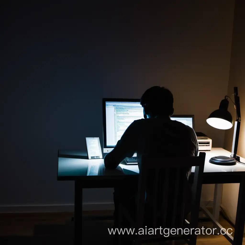 Комната, ночь, стол с включенным компьютером, за столом сидит человек 
который ищет информацию в интернете, уставший вид,вид сзади