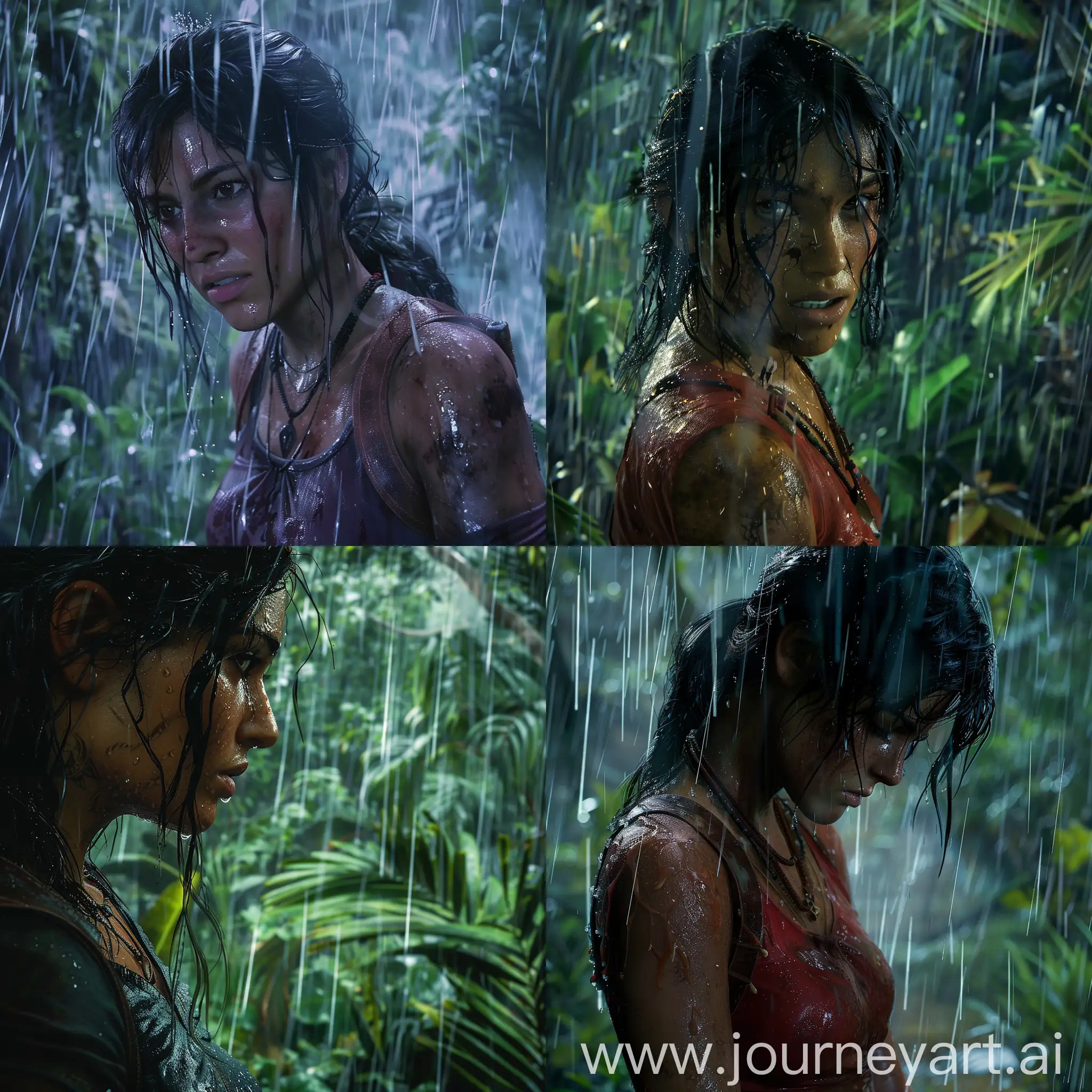 chloe form uncharted lost legacy doing an adventure lush forest,full rain and thunders,closeup shot,