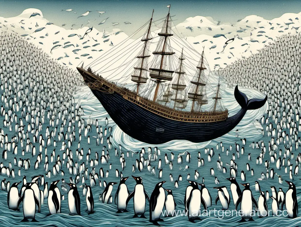 Море из пингвинов в котором плывёт кит в виде корабля