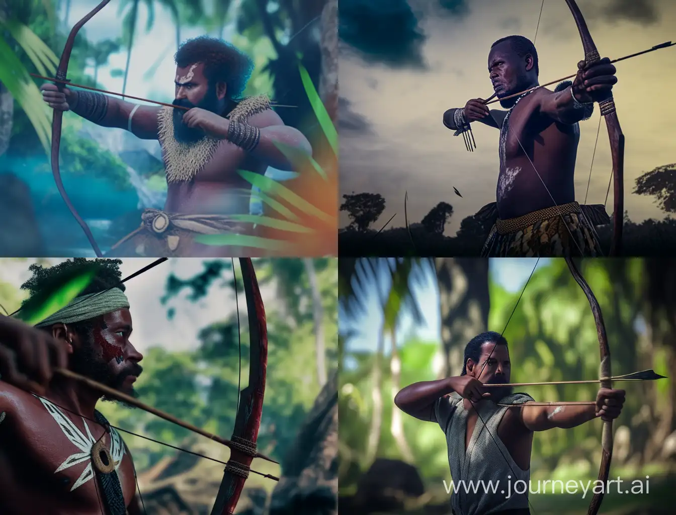 A cinematic ni vanuatu man with his bow arrow  hunting