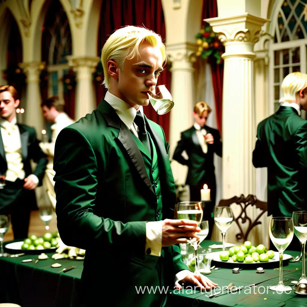 a young handsome Draco Malfoy in a suit is drinking evil at the table, an evening, a ball, an expensive house, a hall, dancing around. A lot of people,
