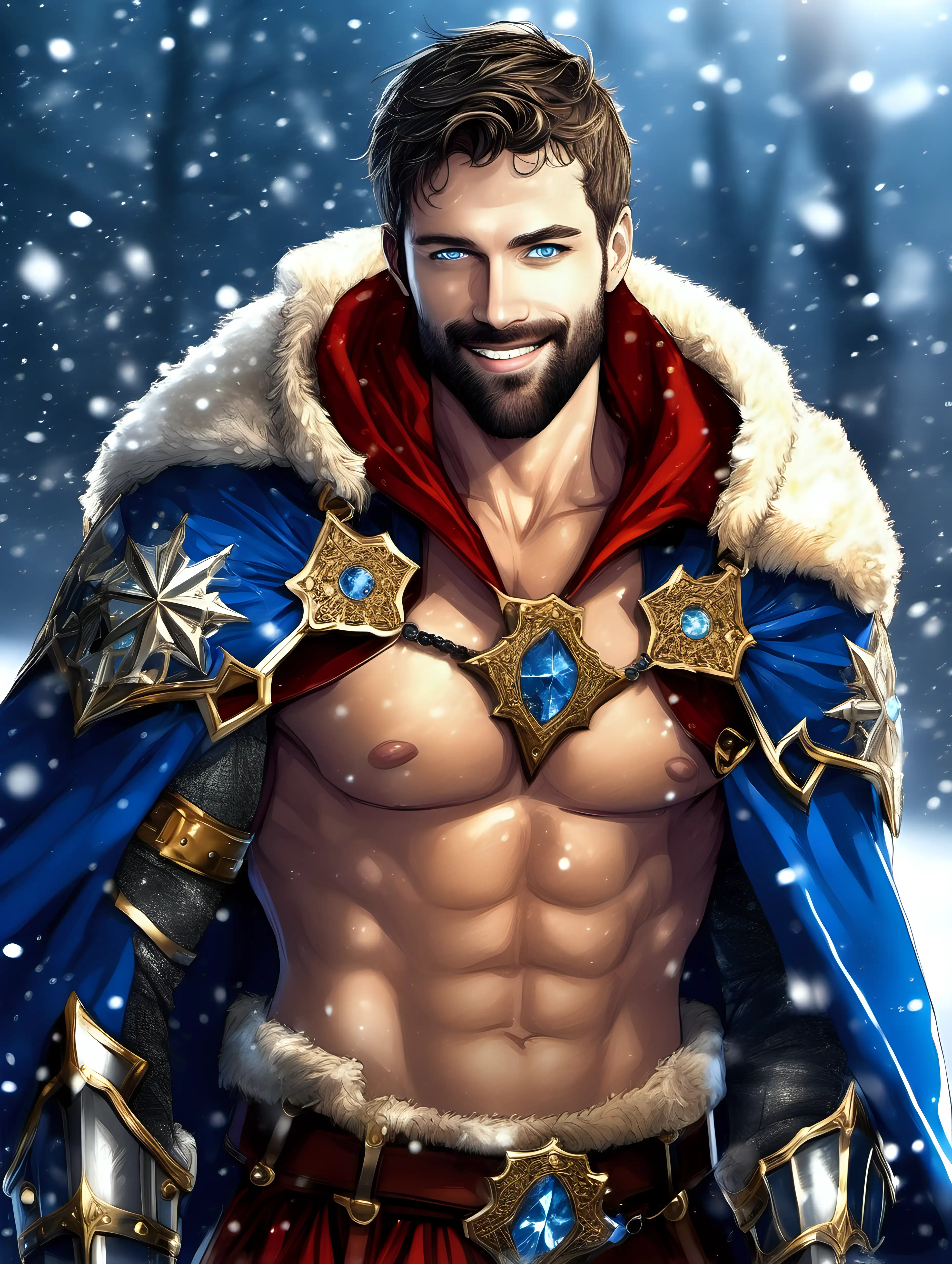 Smiling European Male Knight with Hairy Chest and Abs in Snowy Setting