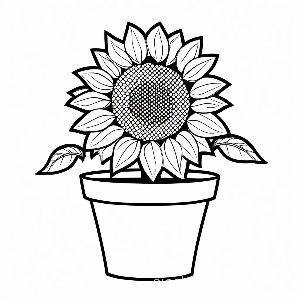 a cute sunflower in a flowerpot, Coloring Page, black and white, line art, white background, Simplicity, Ample White Space. The background of the coloring page is plain white to make it easy for young children to color within the lines. The outlines of all the subjects are easy to distinguish, making it simple for kids to color without too much difficulty