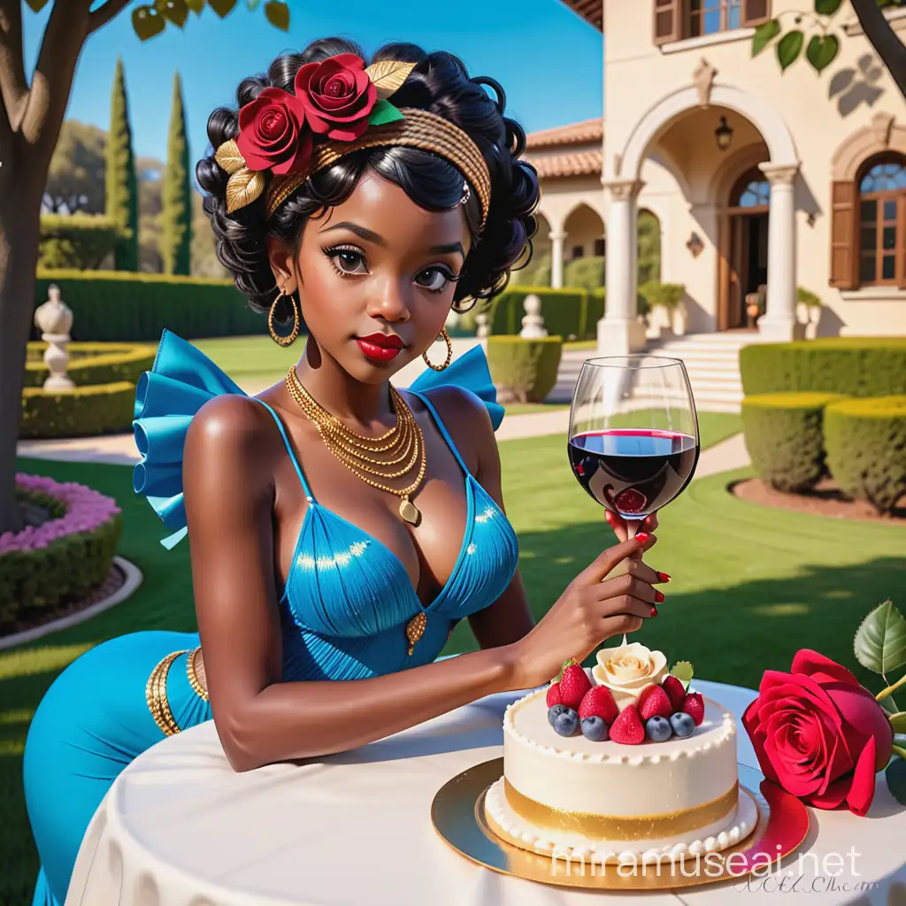 illustrate a 3D  two vivid DARK SKIN african american betty boop with a BRAIDED UPDO PONYTAIL WEARING AN EMBELLISHED great gatsby daek blue flapper dress with a rose headband.red lipstick, gold nail polish,  goldcrystal shoes, wearing a gold fur coat inside an itaLIAN  VILLA eating a beautiful birthday cake together with her african american brunette body bulider husband painting in the orchard with wine and cheese flowers      villa