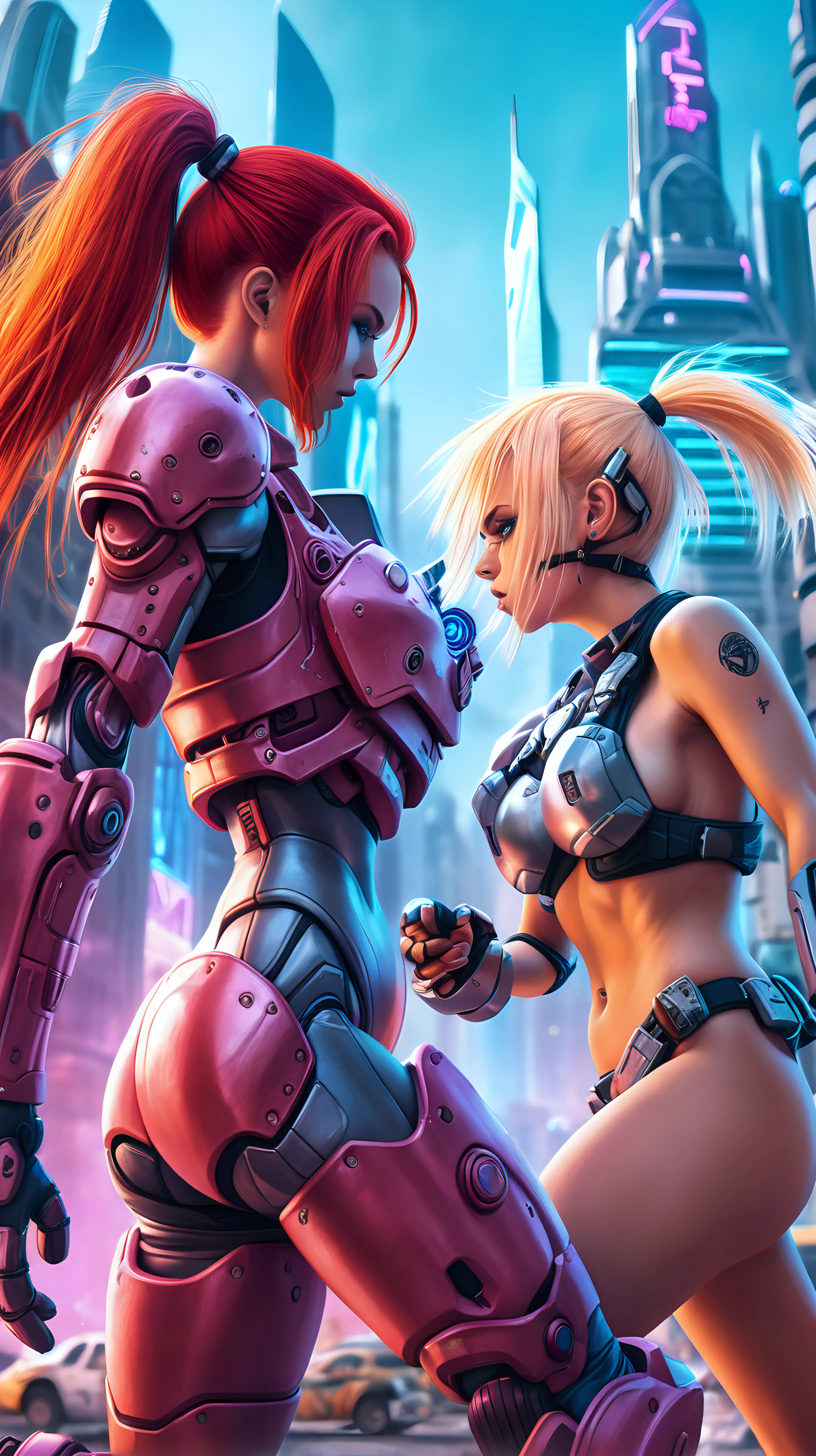 Fierce RedHaired Warrior Battles Topless Blonde in Cyberpunk Cityscape