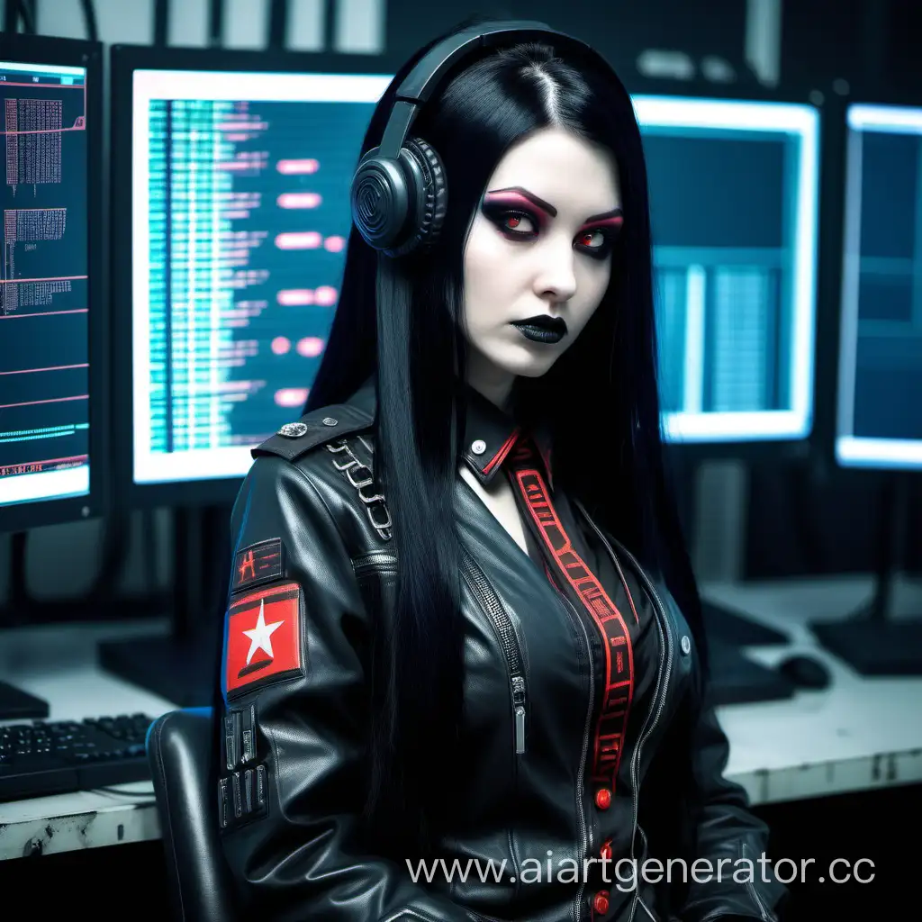 cyberpunk goth fetish communist girl long black hair programmer IT coder futuristic 