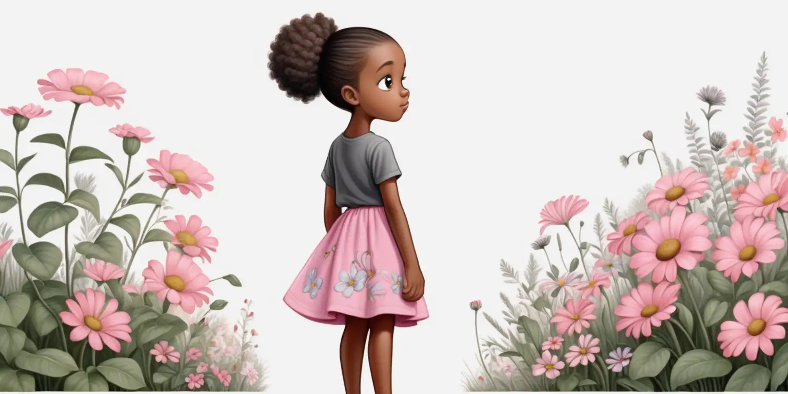 children's muted art illustration, full figure 8 year old african brown girl character, standing in a beautiful flower garden , wearing a pink skirt, a grey shirt, black takes, full colour, side view, back view, front view, no outline