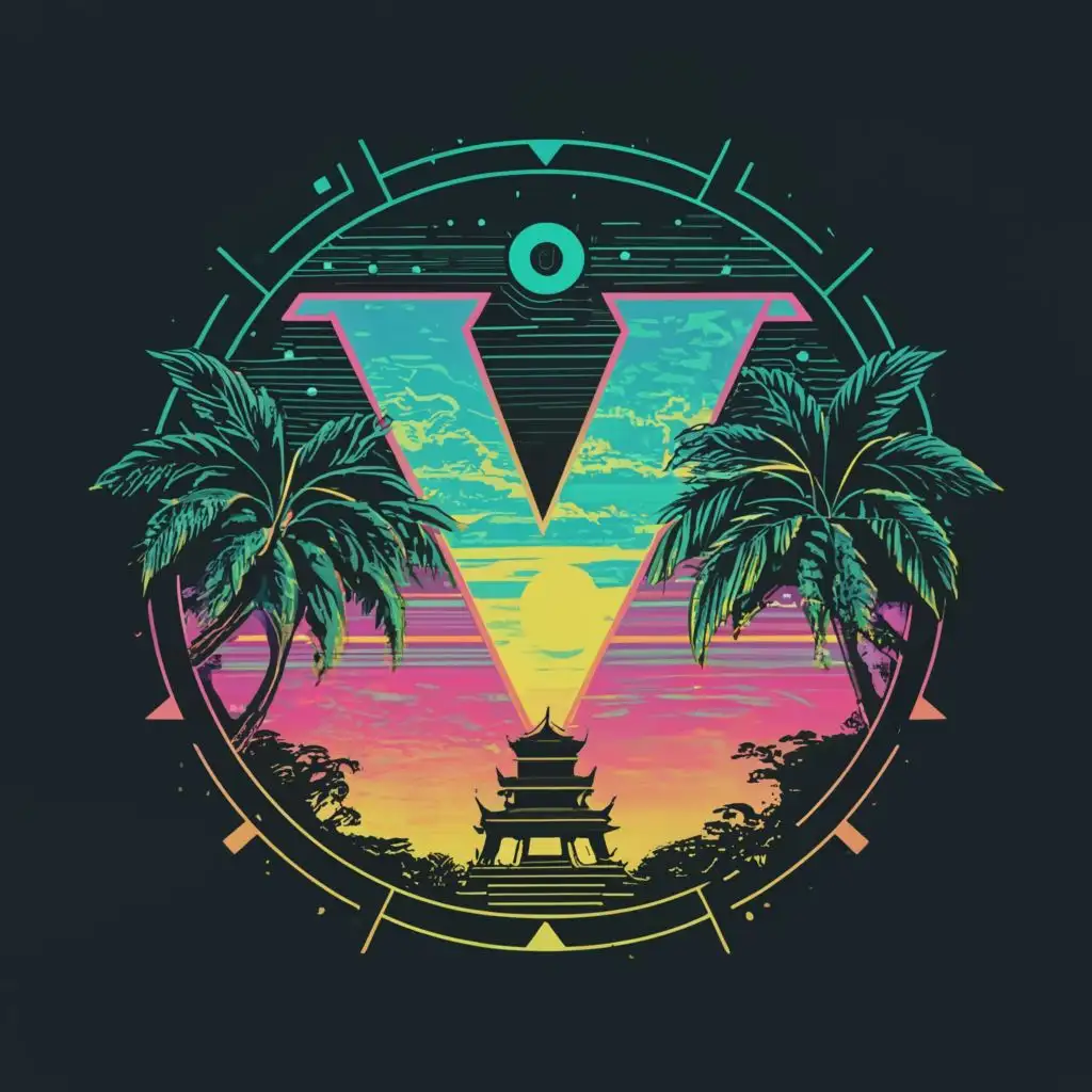 logo, Logo Symbol: synthwave style, letter V in center, sunset in background, stars in the sky, palm trees and Shinto shrine, jungle in background, in circular badge, with the text "Vespertine", typography, be used in Travel industry