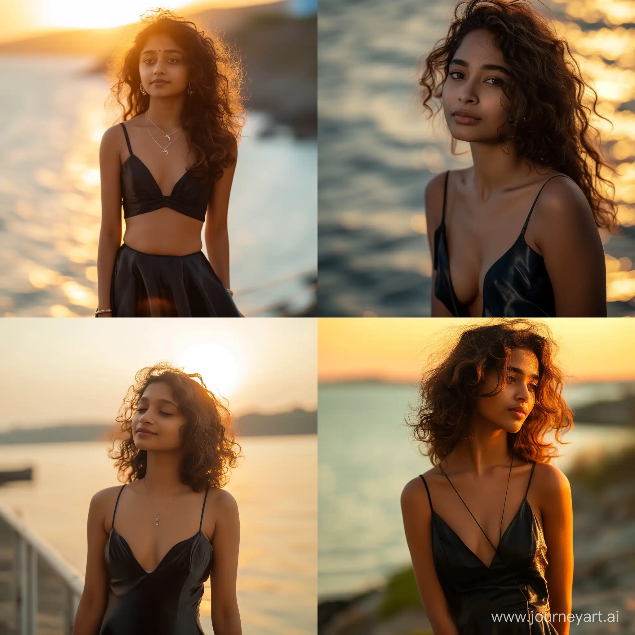 Sunkissed-Indian-Girl-in-Black-Satin-Dress-by-the-Sea-at-Sunset