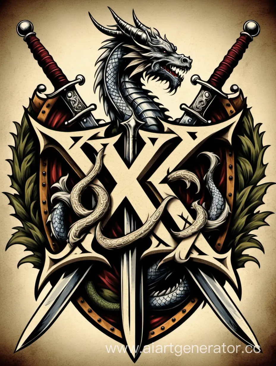 Logo letter "X" with motto in crest medieval. Dragon eats Muraenidae in the background  of crest. Witcher swords. Values Freedom of speech, freedom, no censorship, heavenly background, crest style, common.