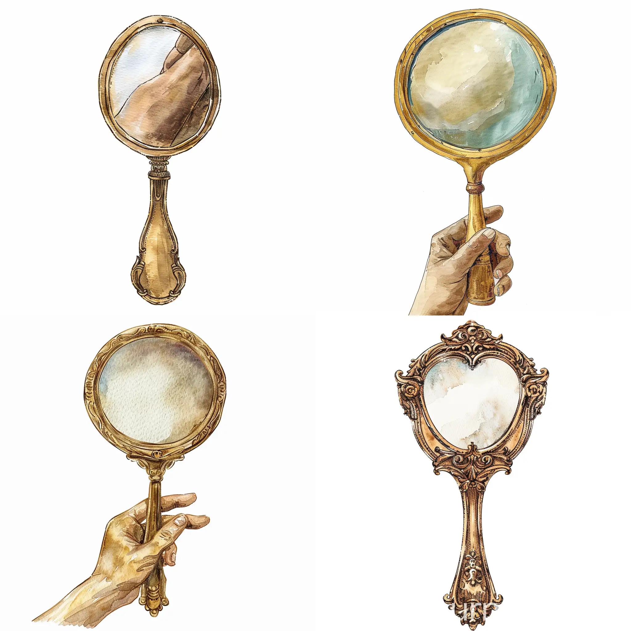 Vintage-Gold-Hand-Mirror-in-Watercolor-Style-on-White-Background