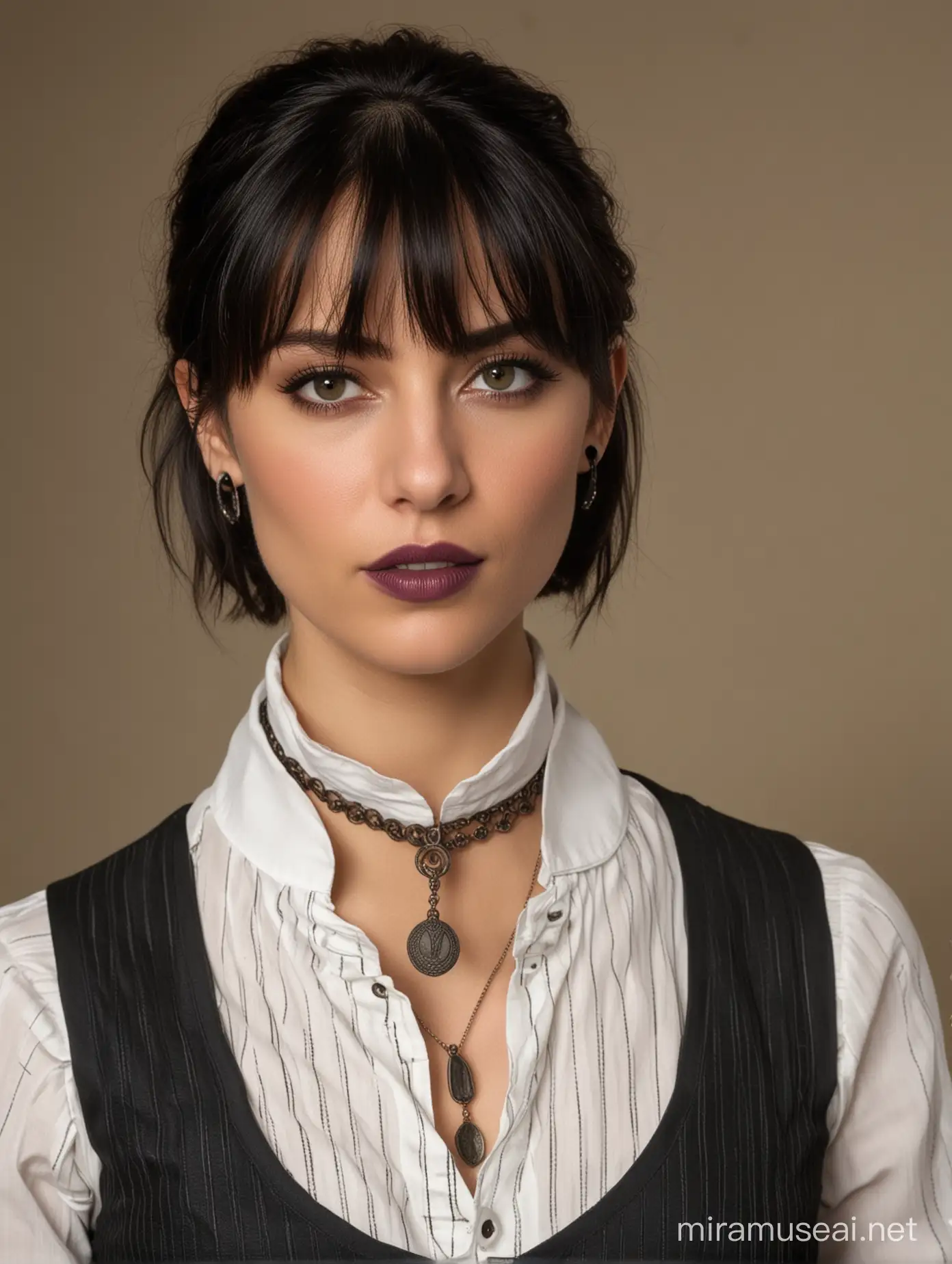 A French female detective with Egyptian features, with dark bob hair and bangs. She is wearing a white thin striped blouse slightly open on the first row of buttons and over the blouse over a dark vest. She is wearing black forensic gloves. She has a piercing with an obsidian set in his left nostril. She has two large hoop earrings. She has a necklace with an Ank as a pendant.She has dark and thin eyes. short, plump lips with dark purple lipstick