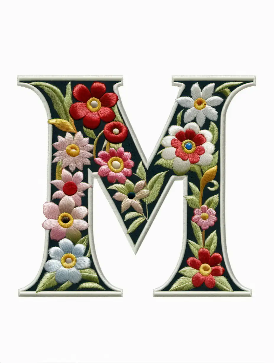 Upper case letter 'M' in embroidered flower style with clear white background