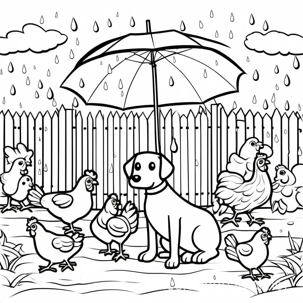 dog and chickens in rain, Coloring Page, black and white, line art, white background, Simplicity, Ample White Space. The background of the coloring page is plain white to make it easy for young children to color within the lines. The outlines of all the subjects are easy to distinguish, making it simple for kids to color without too much difficulty