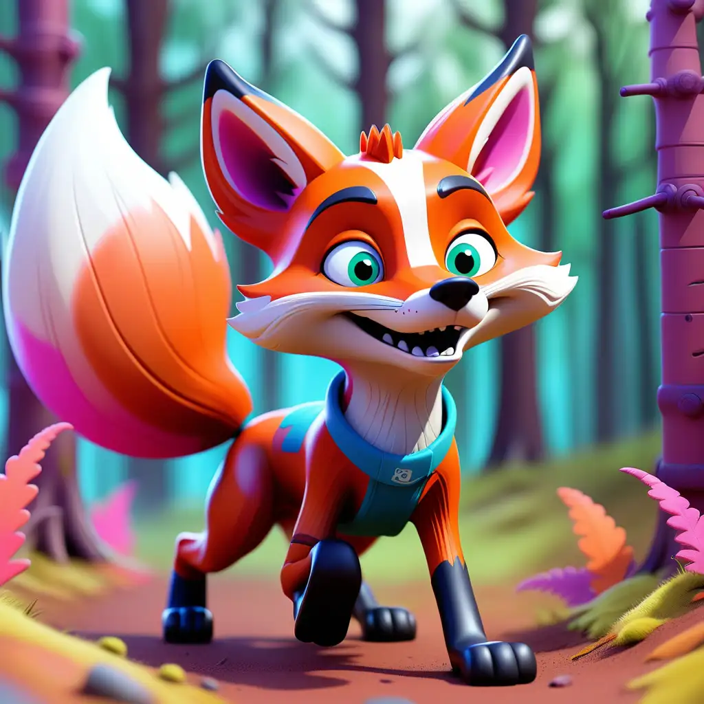 Energetic Fox Training for Race in Vibrant Forest with Colorful Clouds