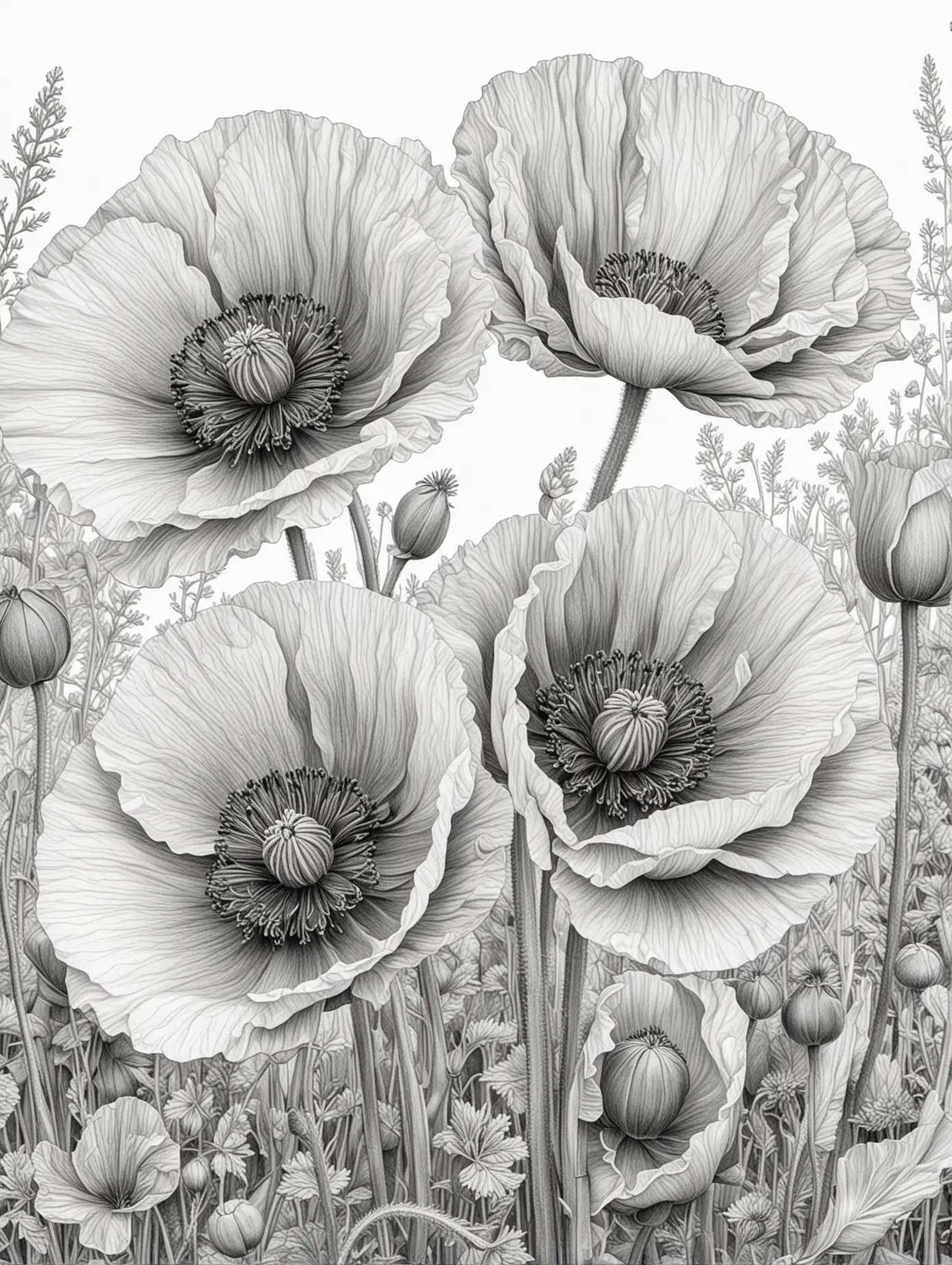 A detailed botanical pencil drawing of poppies for a colouring book for adults, transparent background 