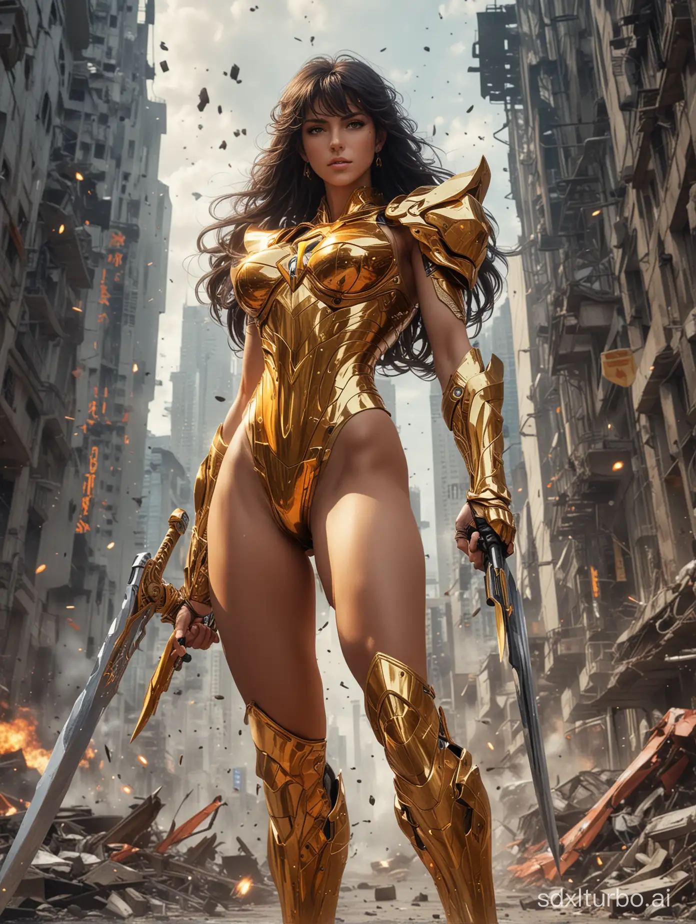 In the manga Saint Seiya, the style of the Golden Saints, Realistic style, view from below, futuristic beautiful woman with deadly golden bikini armor, futuristic weapons, holding a deadly big sword, explosions lighting up the night, orange Lamborghini aventator racing car, destroyed buildings, rubble, debris, high details, 16k, mythical warrior princess ，Long and slender thighs and calves, visible from head to foot